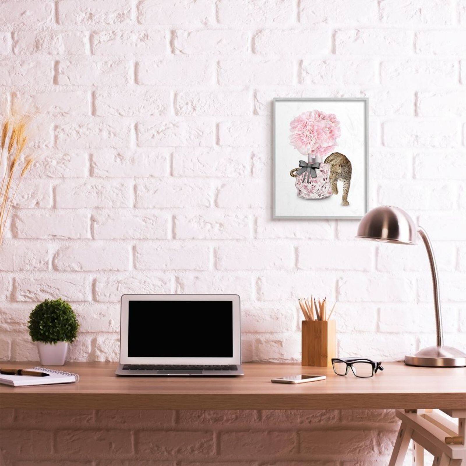 Stupell Industries Pink Fashion Floral Bouquet & Leopard Wall Art in Gray Frame