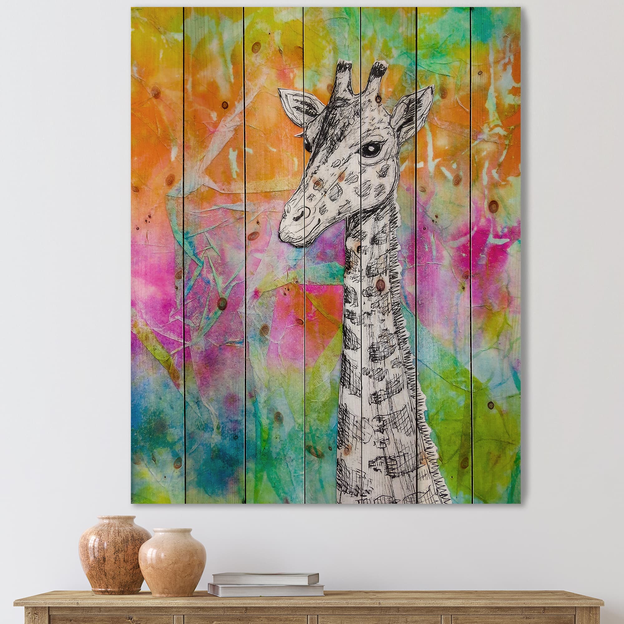 Designart - White Giraffe Drawing On Bright Rainbow