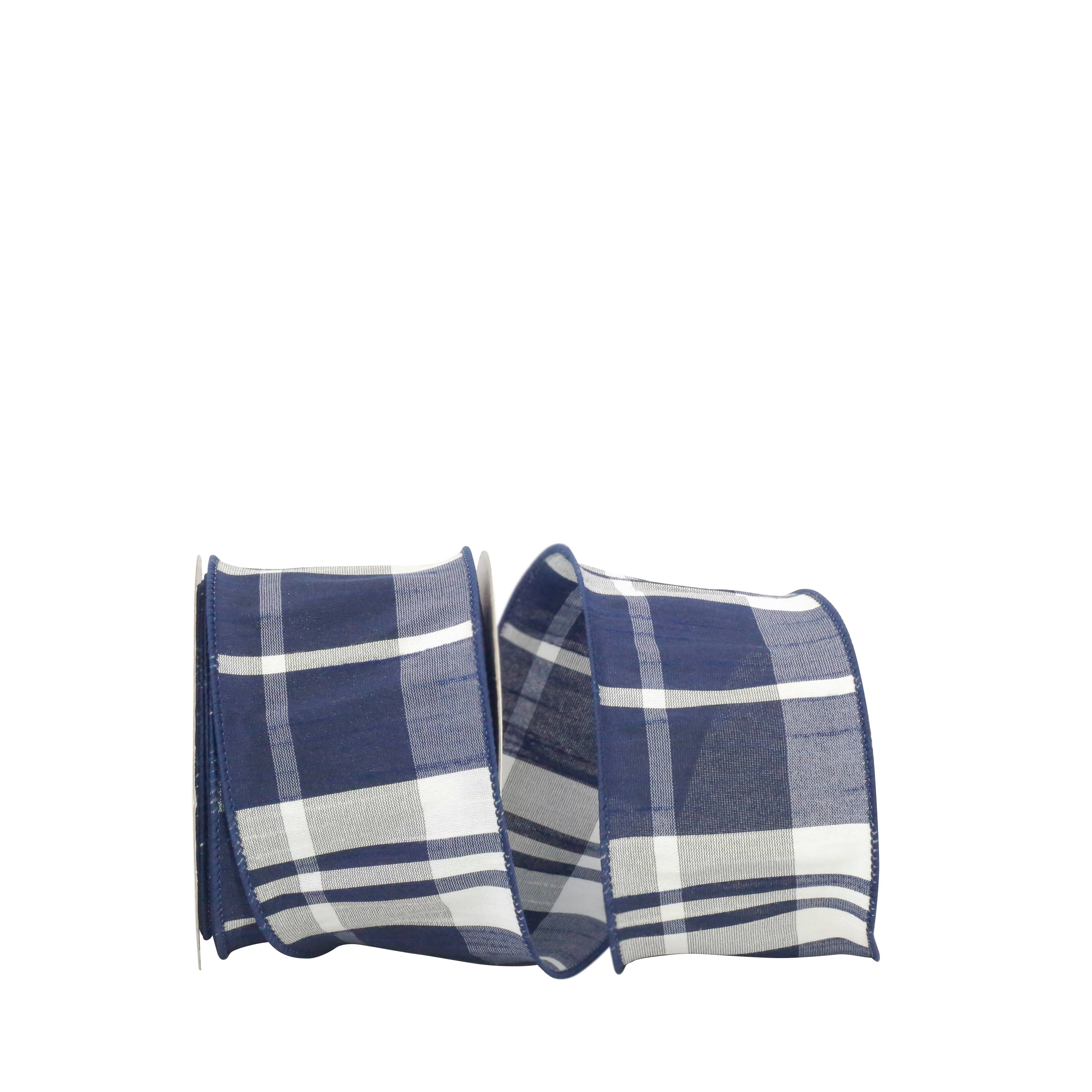 JAM Paper 2.5" x 10yd. Navy Burbank Plaid Wired Dupioni Ribbon