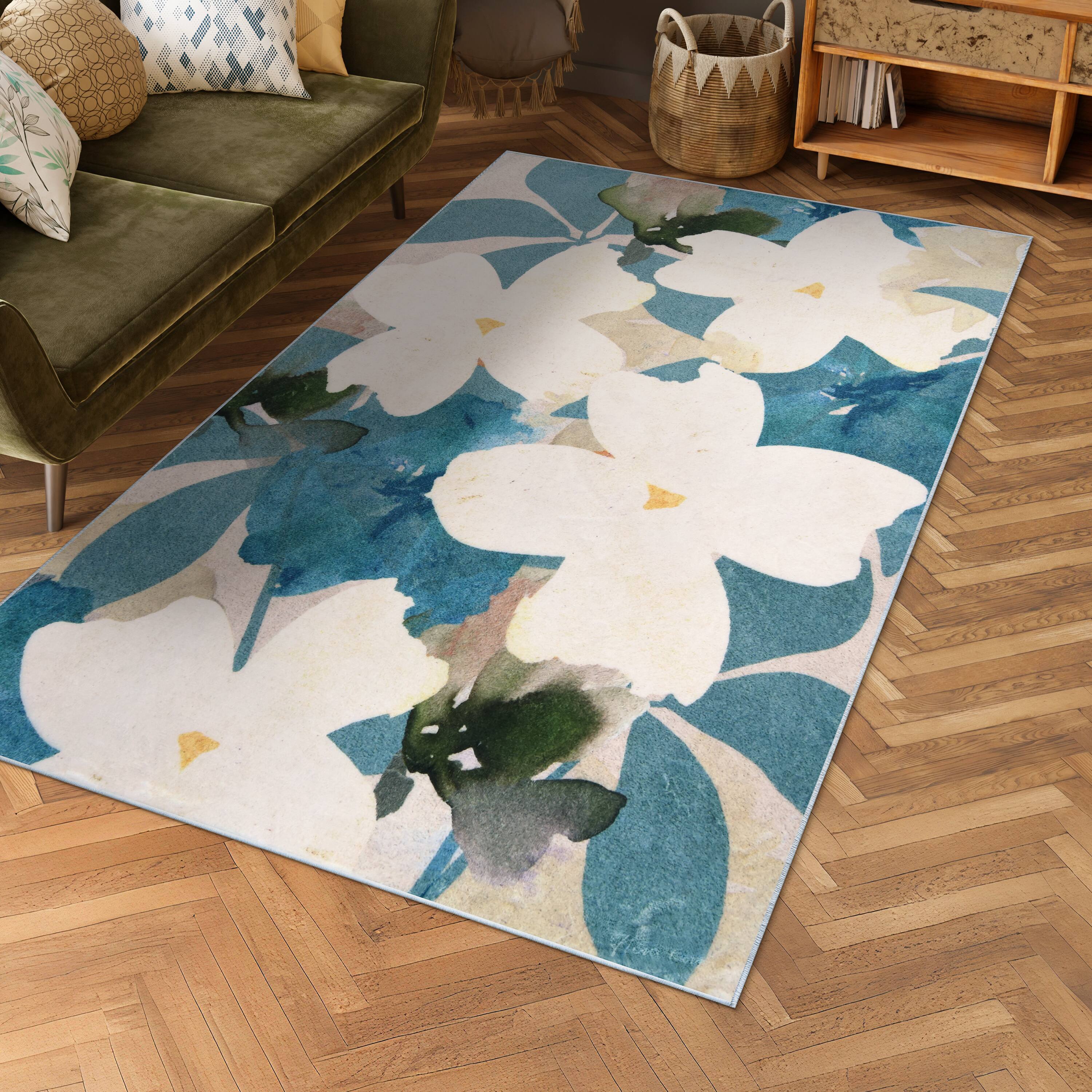 Empire Art Direct Peach 5ft.x 7.5ft. Teal Floral Washable Flowers Area Rug