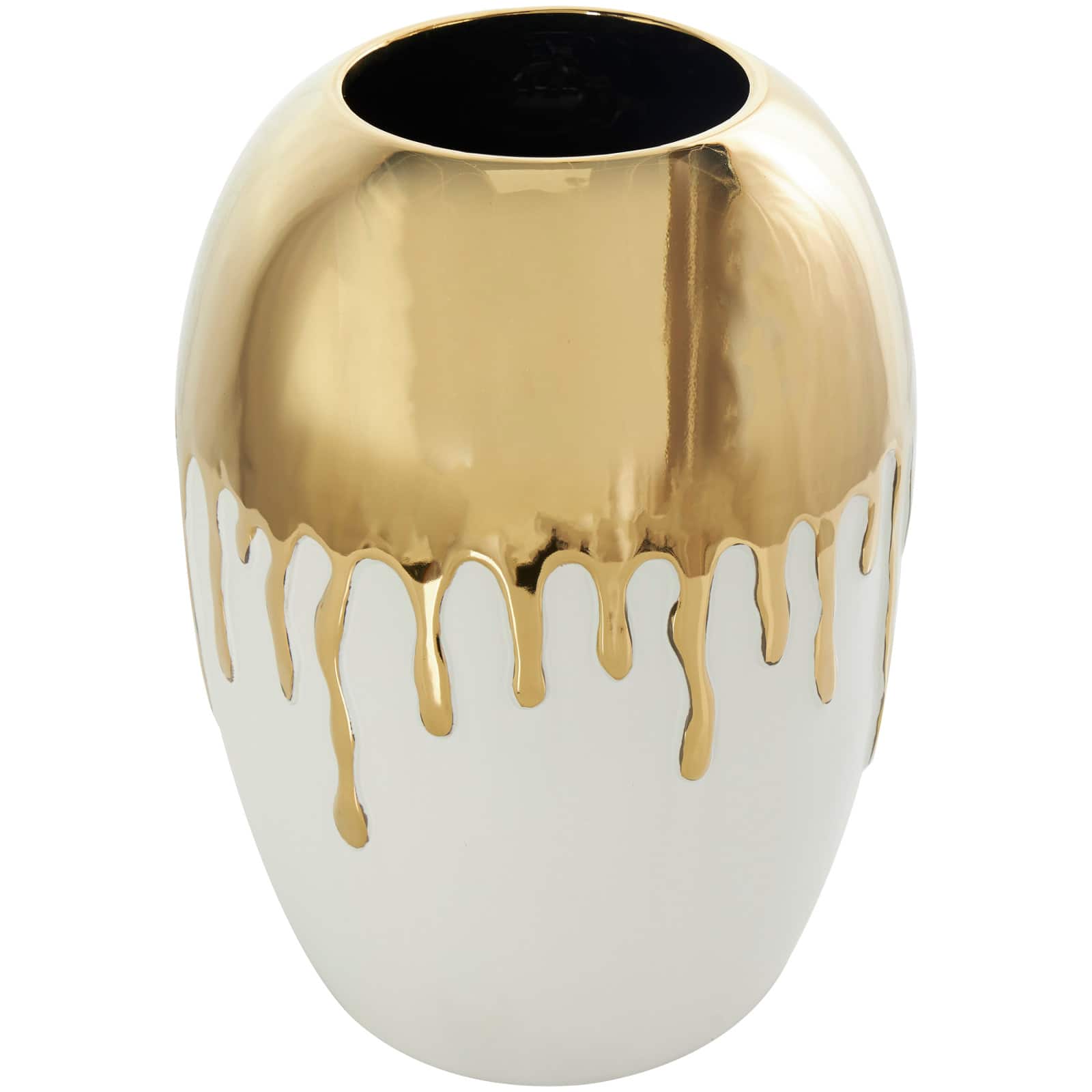CosmoLiving by Cosmopolitan 13" White Ceramic Vase with Abstract Gold Melting Drips