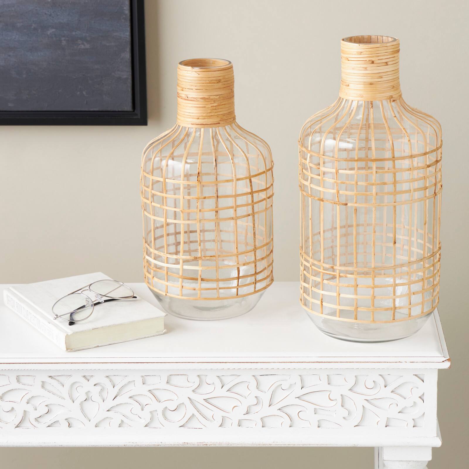 Clear Rattan Grid Wrapped Glass Vase Set