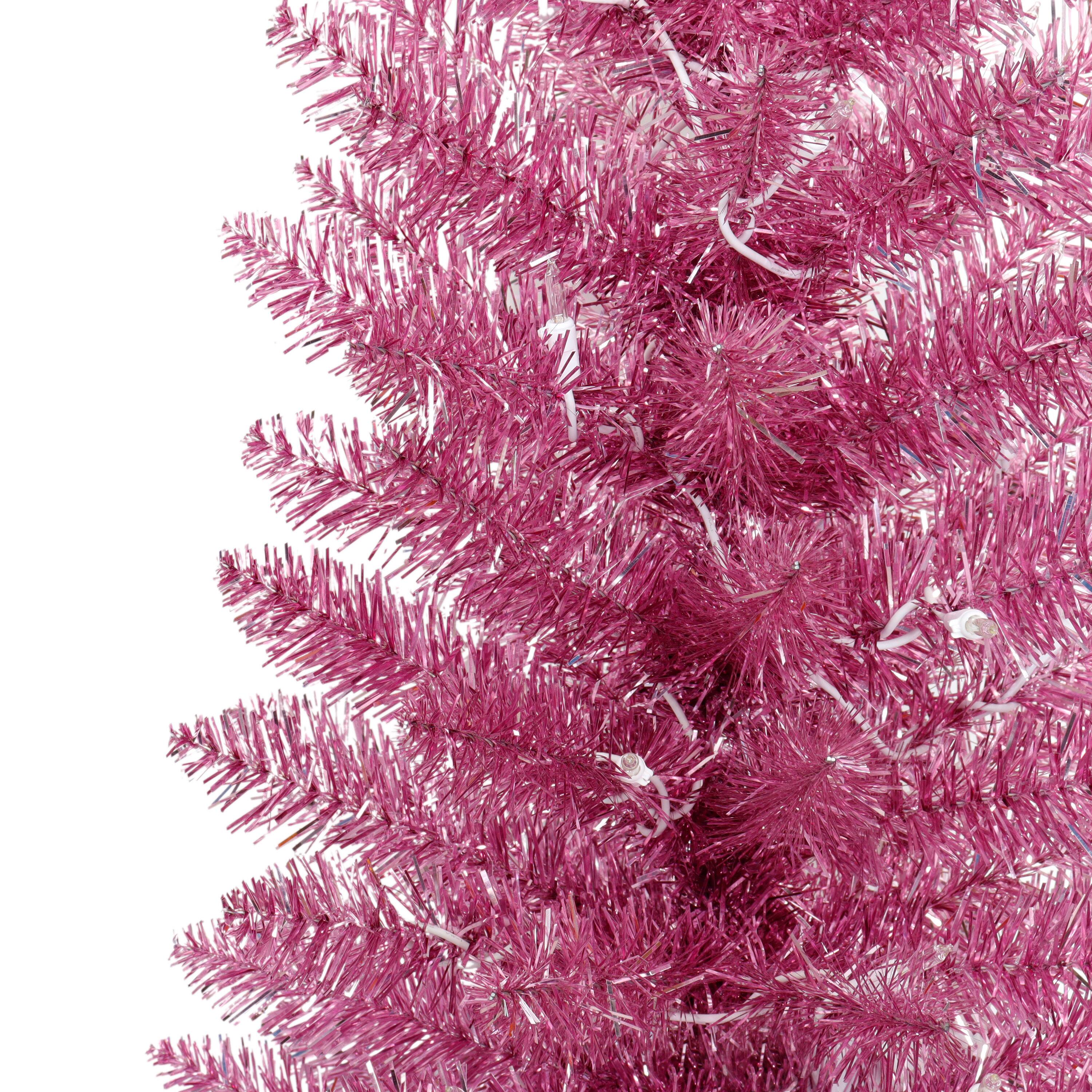 6ft. Pre-Lit Pink Tinsel Artificial Tree, Clear Lights