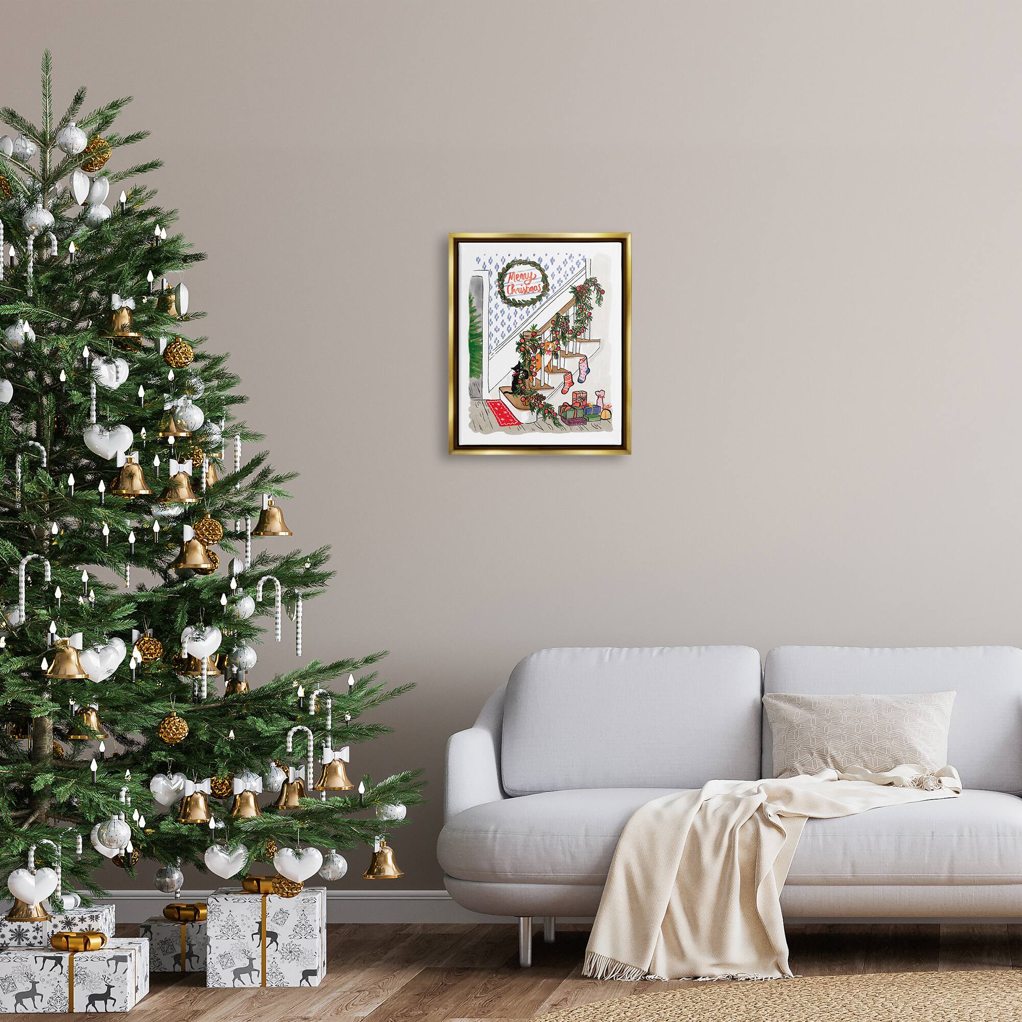 Stupell Industries Merry Christmas Holiday Stairway Framed Floater Canvas Wall Art