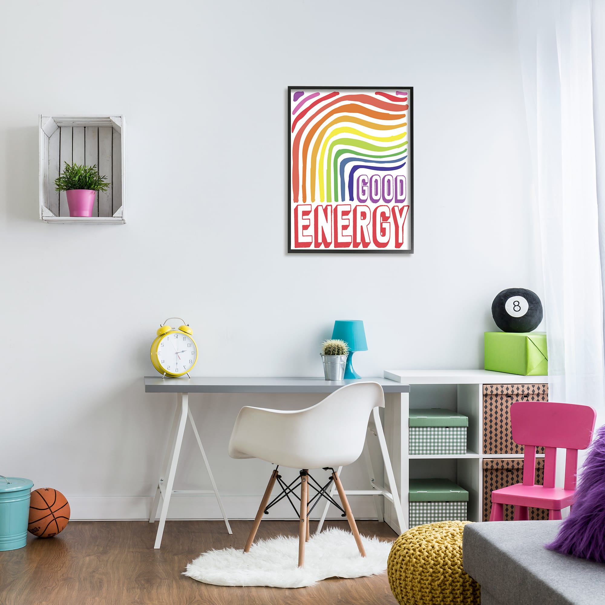 Stupell Industries Good Energy Phrase Abstract Rainbow Waves Bold Typography Framed Wall Art