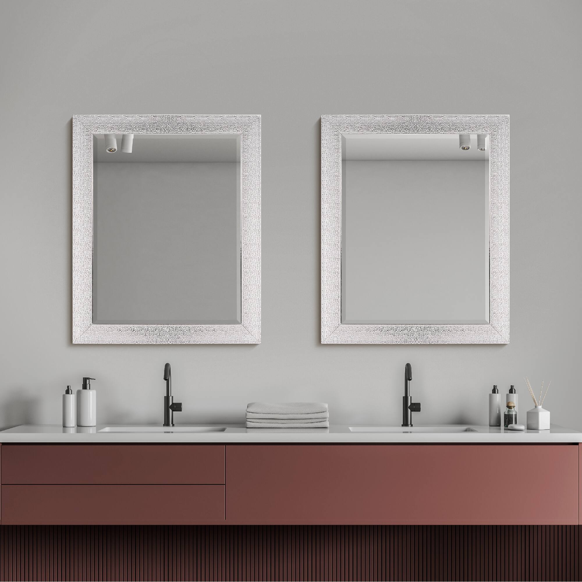 Head West Micro Square Tiled White & Chrome Beveled 27.5" x 33.5" Framed Accent Vanity Mirror