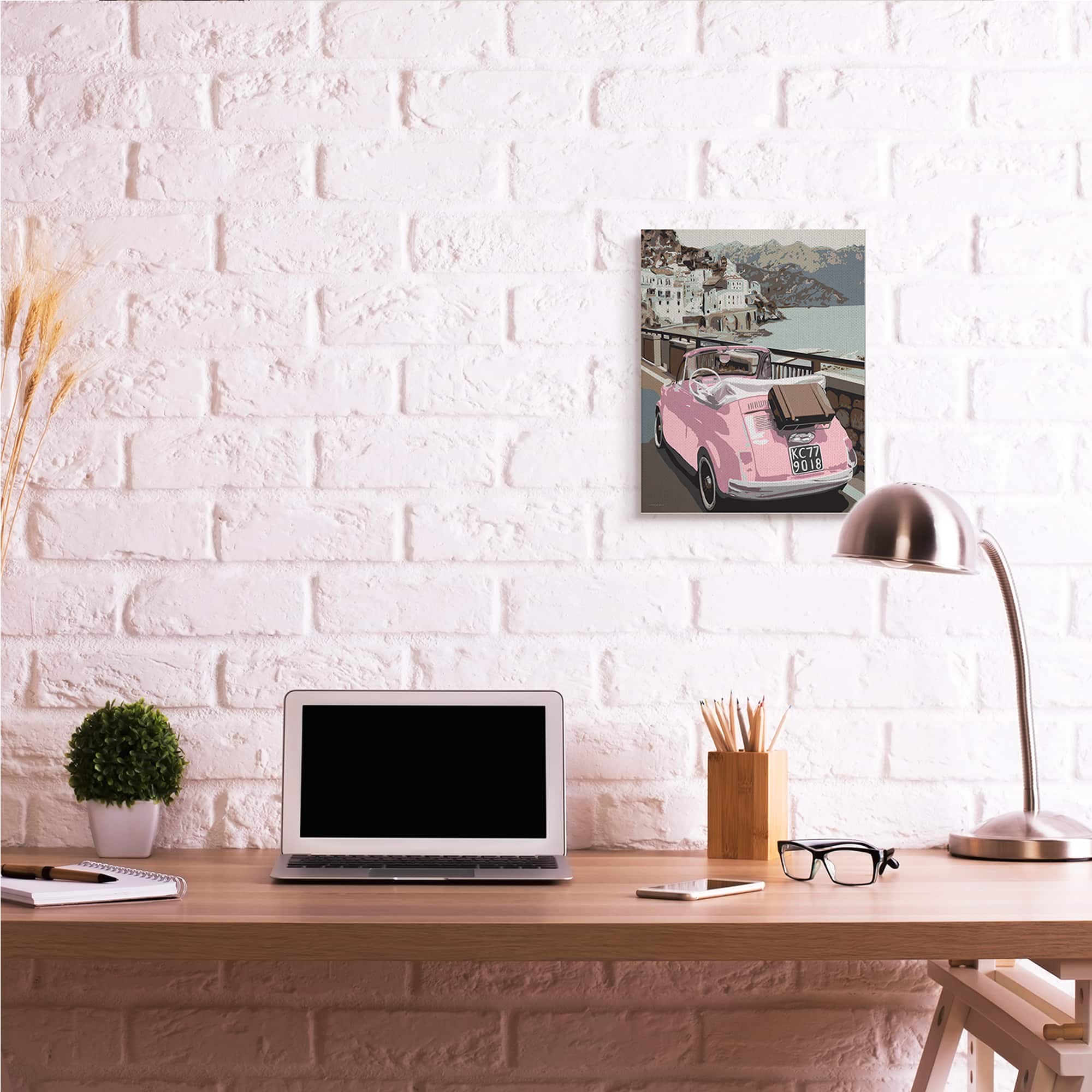 Stupell Industries Pink Car Cliffside Town on Waterfront Road Canvas Wall Art