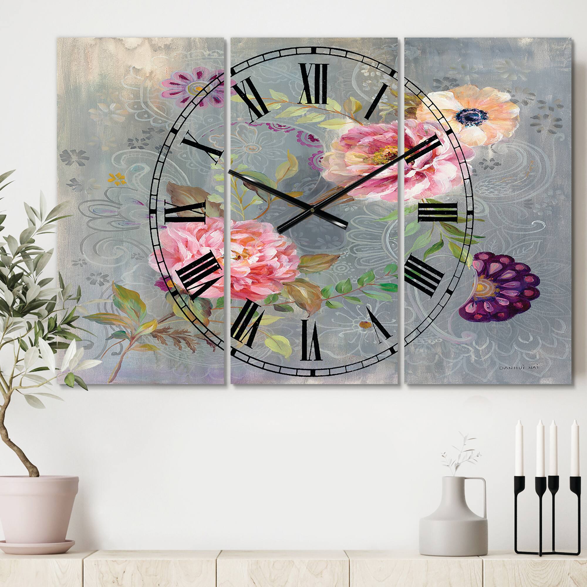 Designart 'Peonies And Paisley Lodge Multipanel Wall Clock
