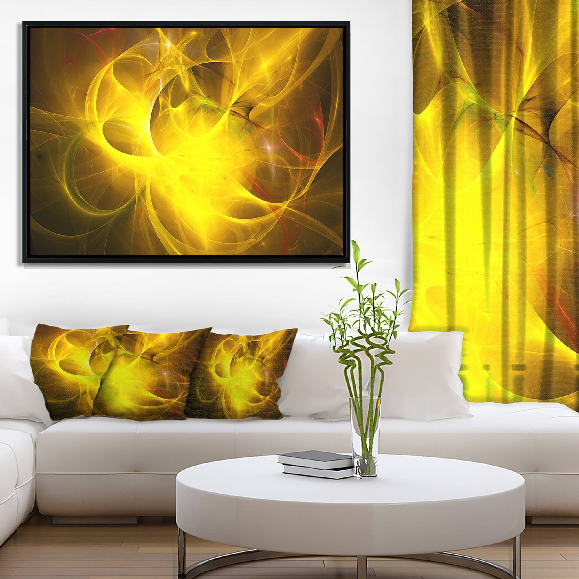 Designart - Dark Yellow Nebula Star - Abstract Canvas art print in Black Frame