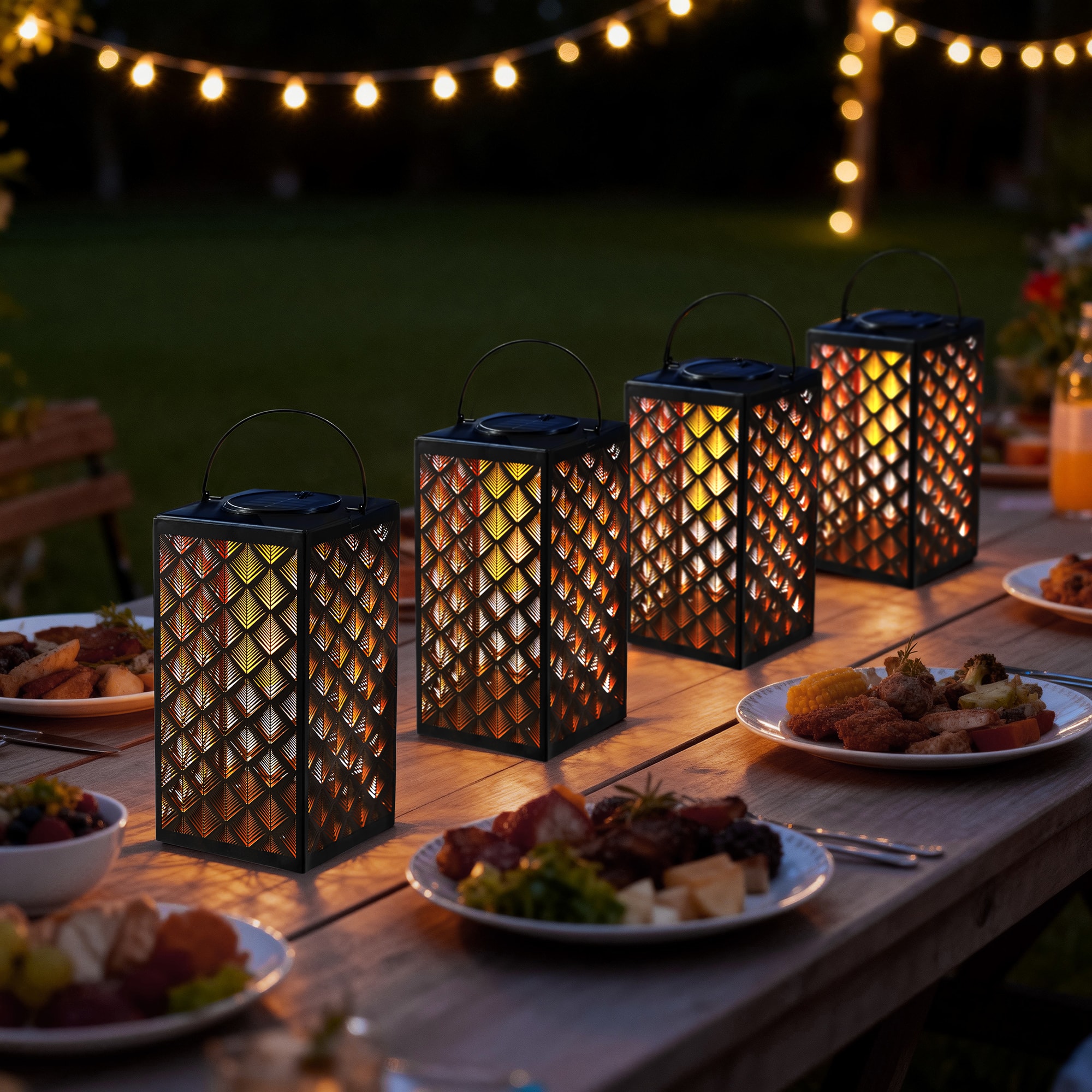 Glitzhome® 11" Set of 2 LED Black Square Textured Glass Solar Powered Hanging Lantern