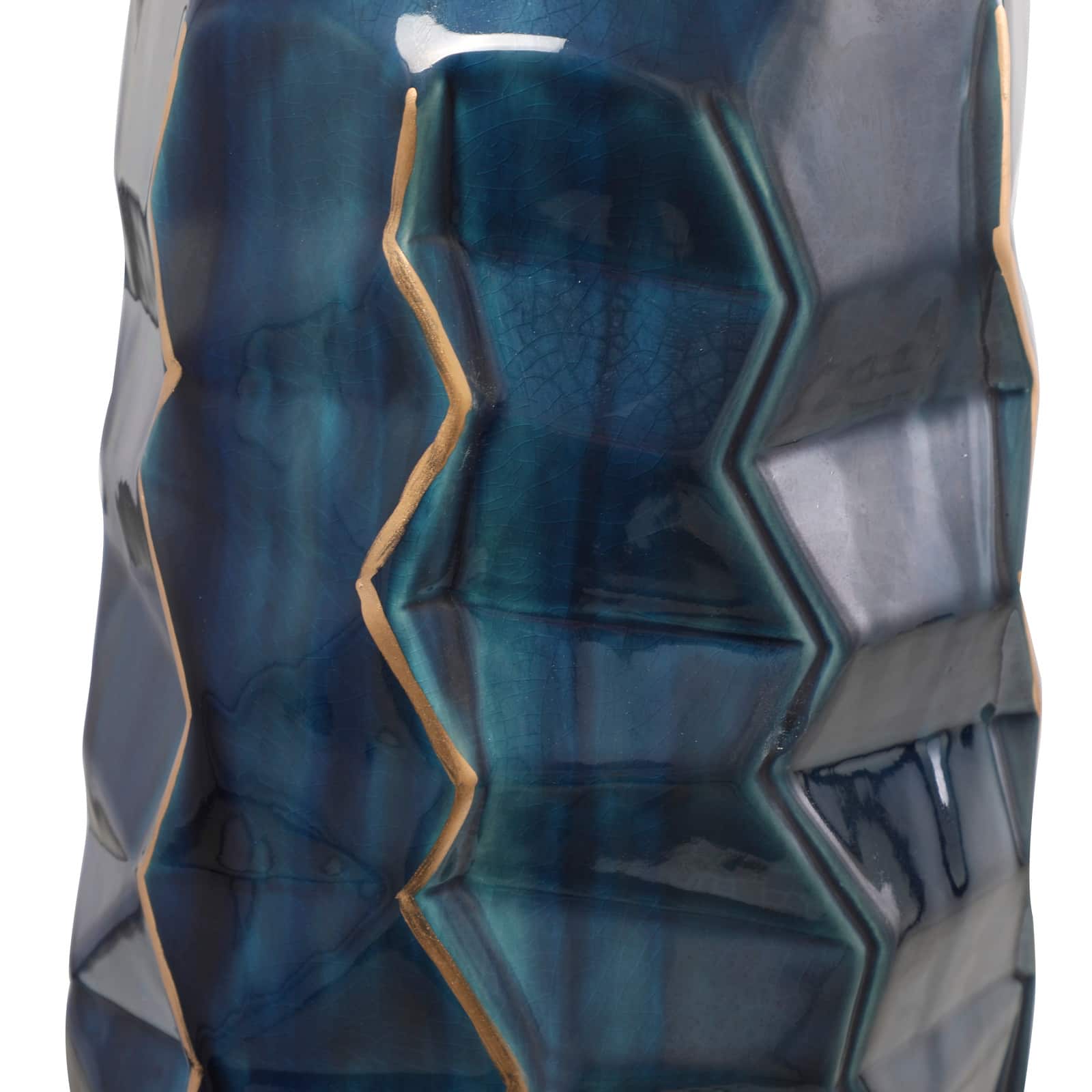Teal Ceramic Tall Geometric Floor Vase with Gold Accents