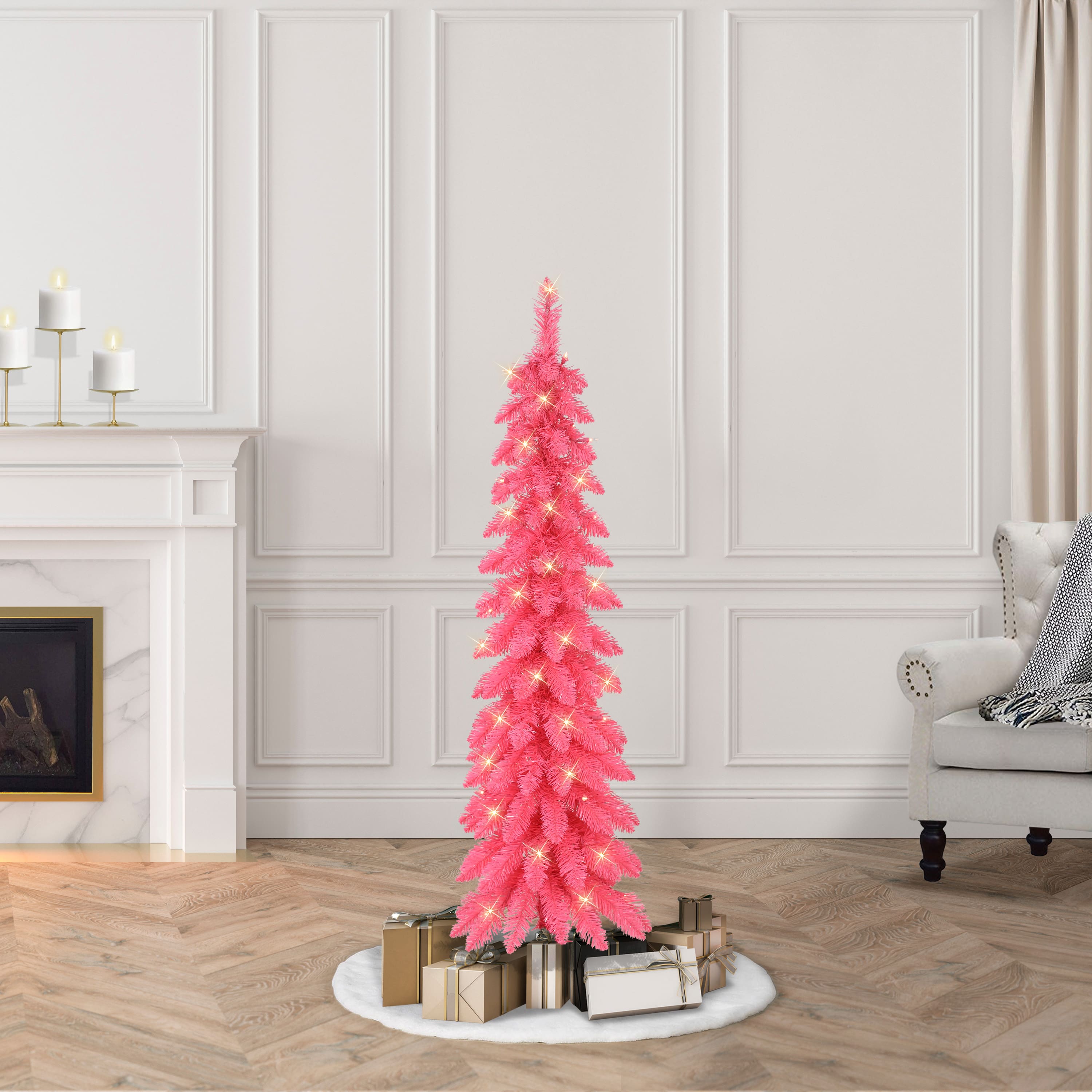 4ft. Pre-Lit Pink Artificial Alpine Pencil Tree, Clear Lights