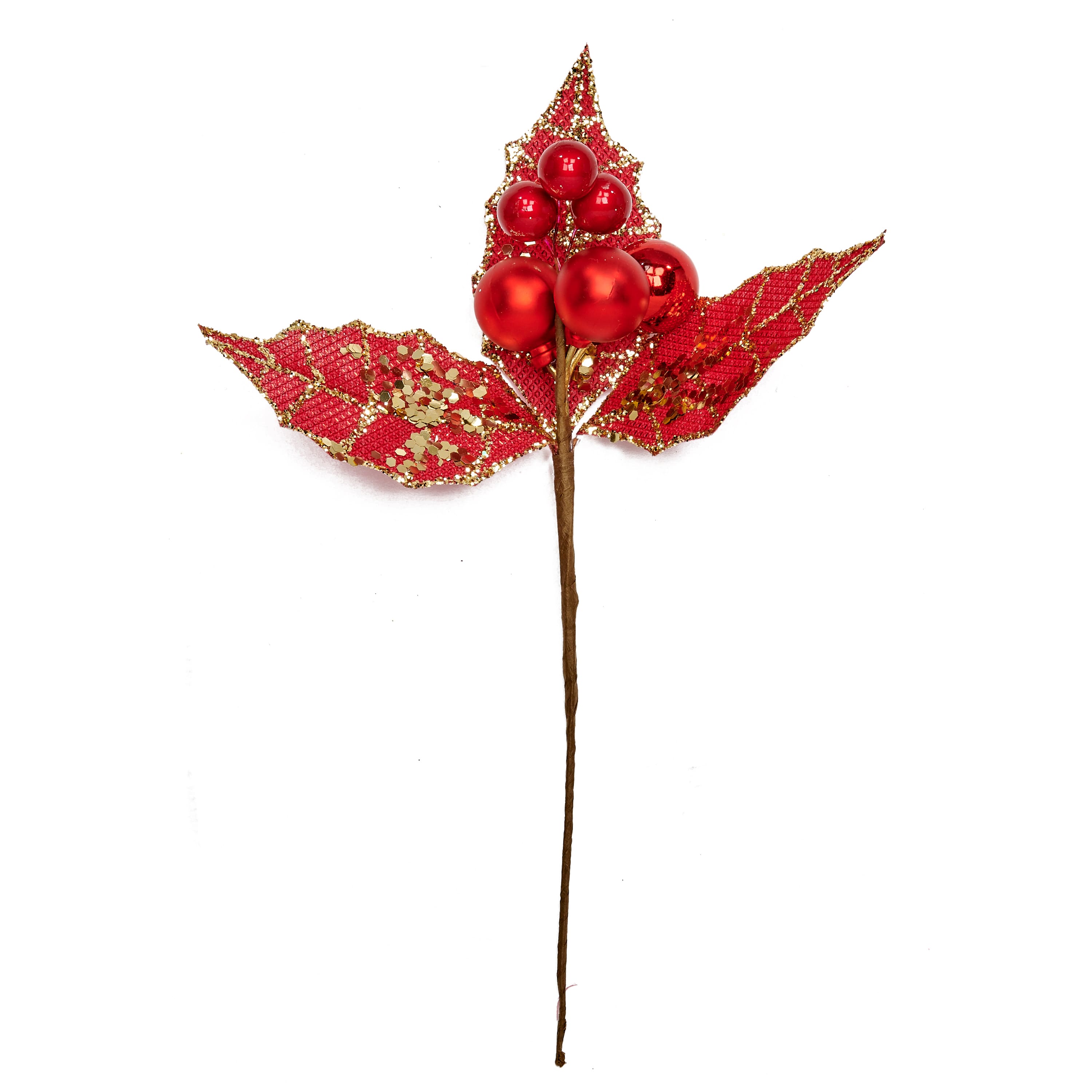 10" Christmas Red Glittered Ball & Leaves Picks, 6ct.