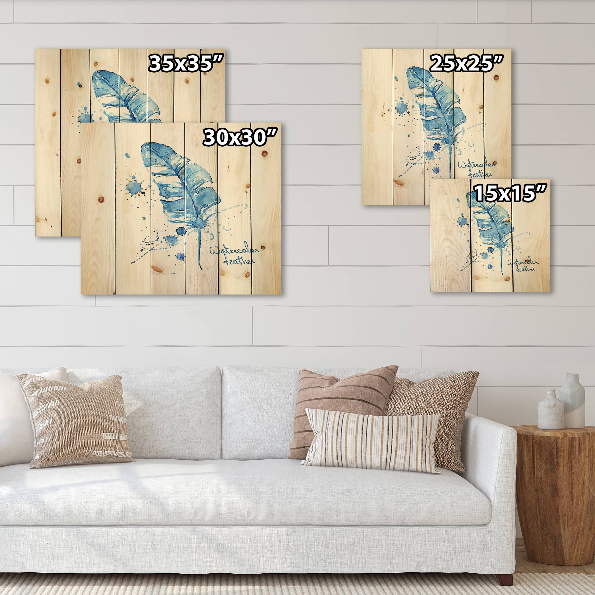 Designart - Ethnic Blue Feather - Bohemian & Eclectic Print on Natural Pine Wood