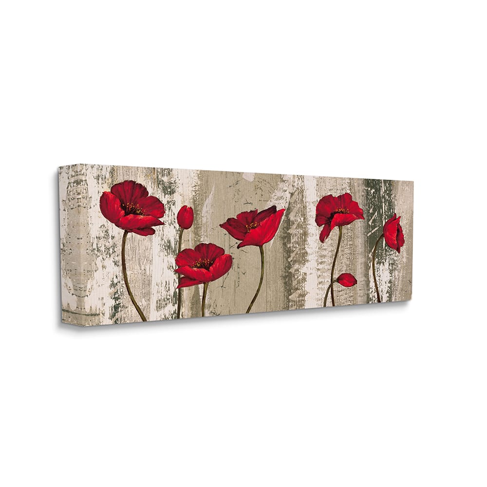 Stupell Industries Red Poppies Blooming Rustic Distressed Wood Grain Canvas Wall Art