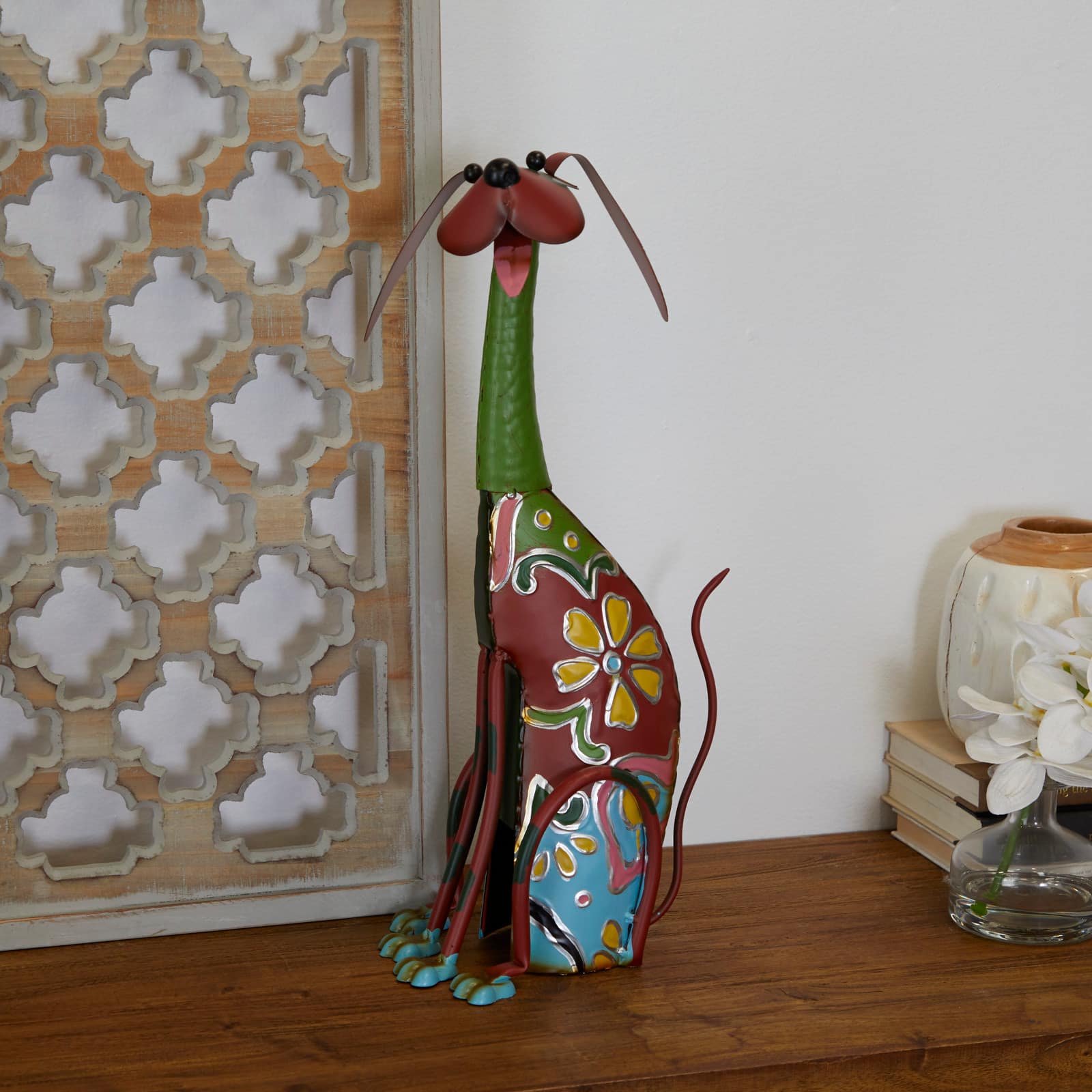 17" Multicolor Metal Dog Garden Sculpture with Floral Pattern