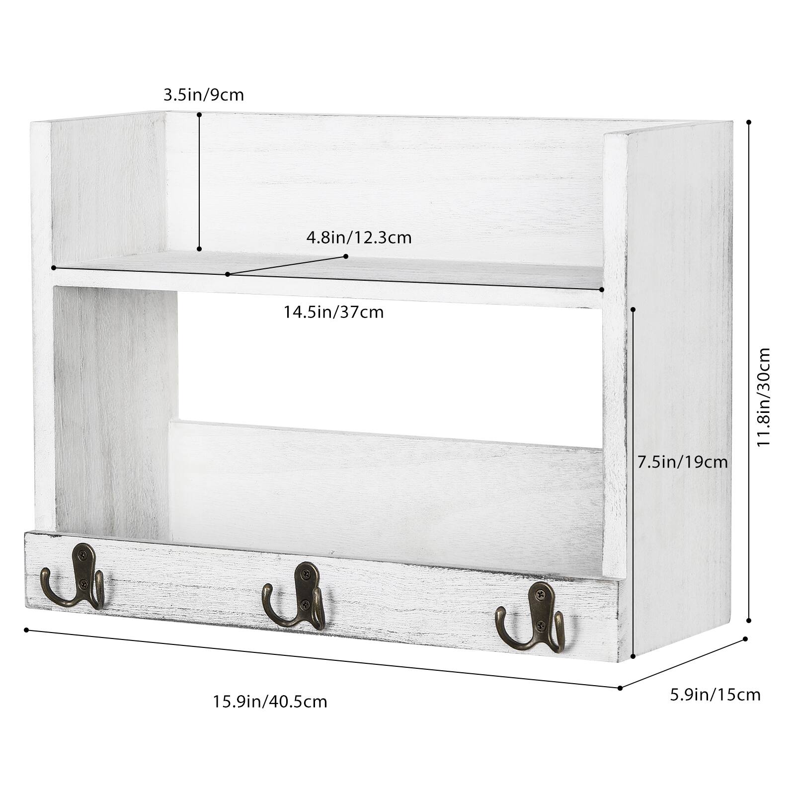 Rustic Wood Floating Storage Shelf with 3 Hooks
