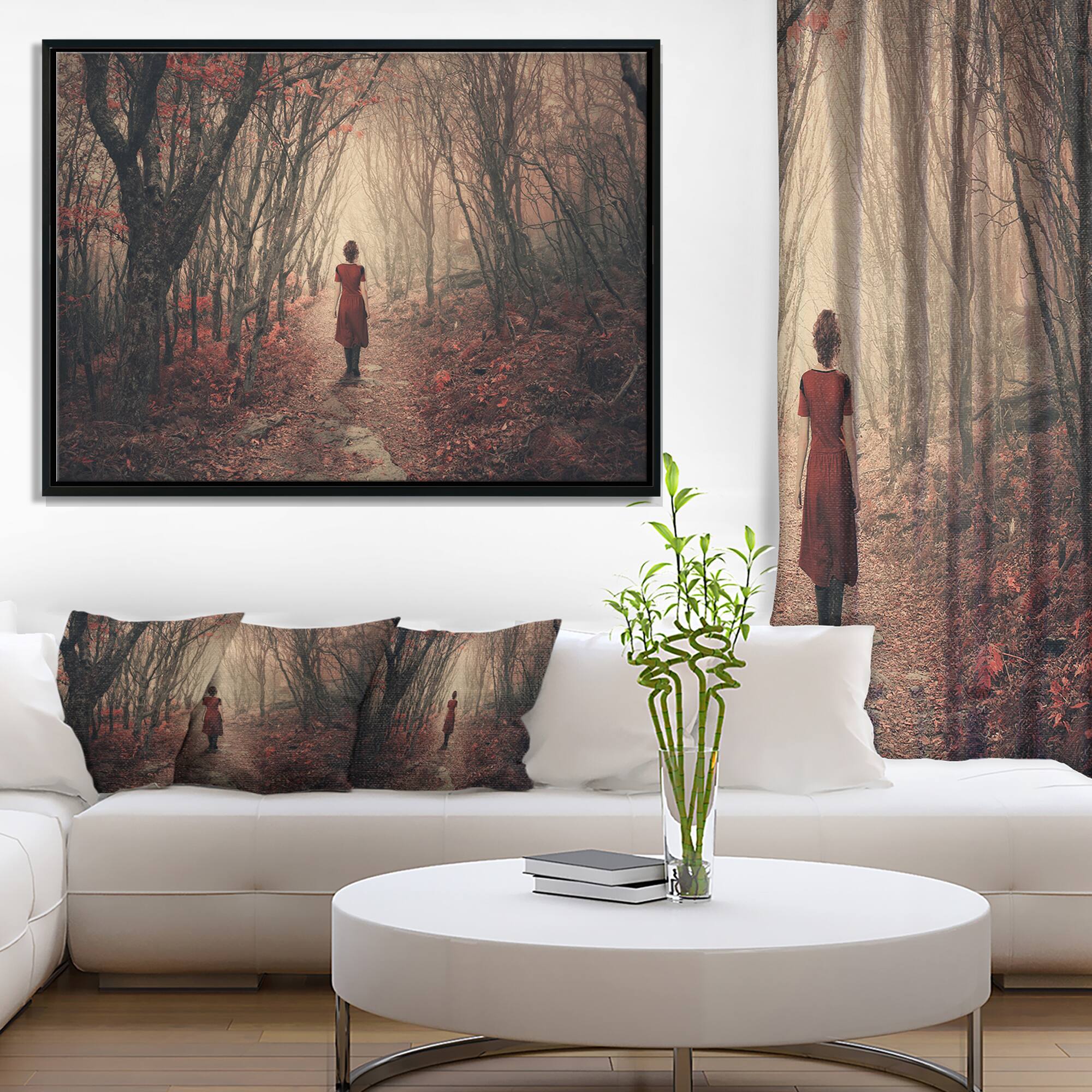 Designart - Woman in Frosty Forest - Landscape Photography Canvas Print in Black Frame