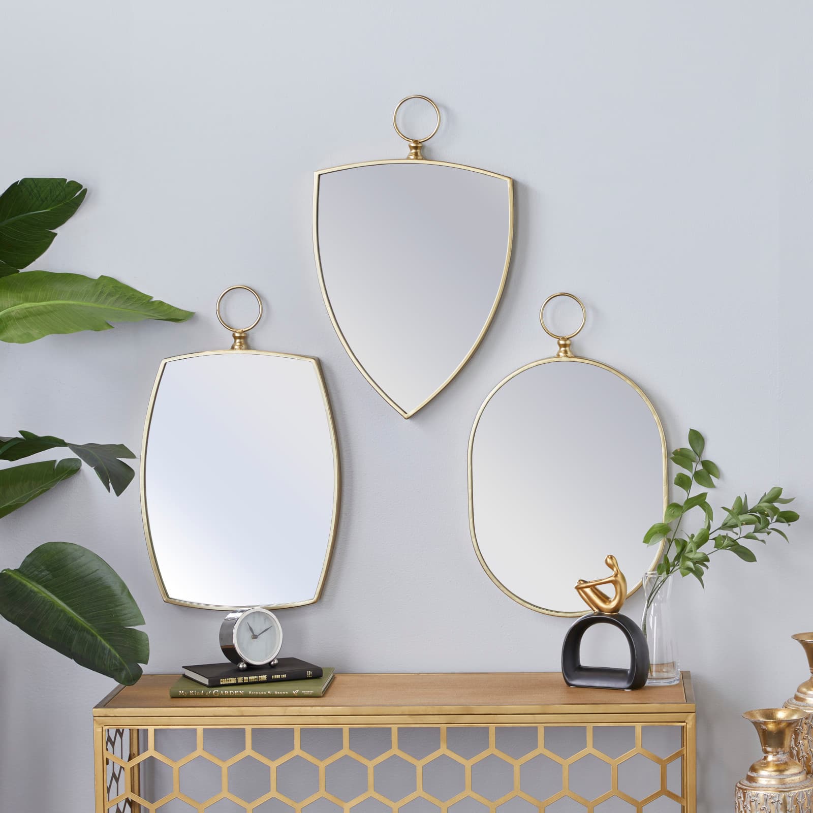 Set of 3 Gold Wood Traditional Wall Mirror 24", 24", 25"
