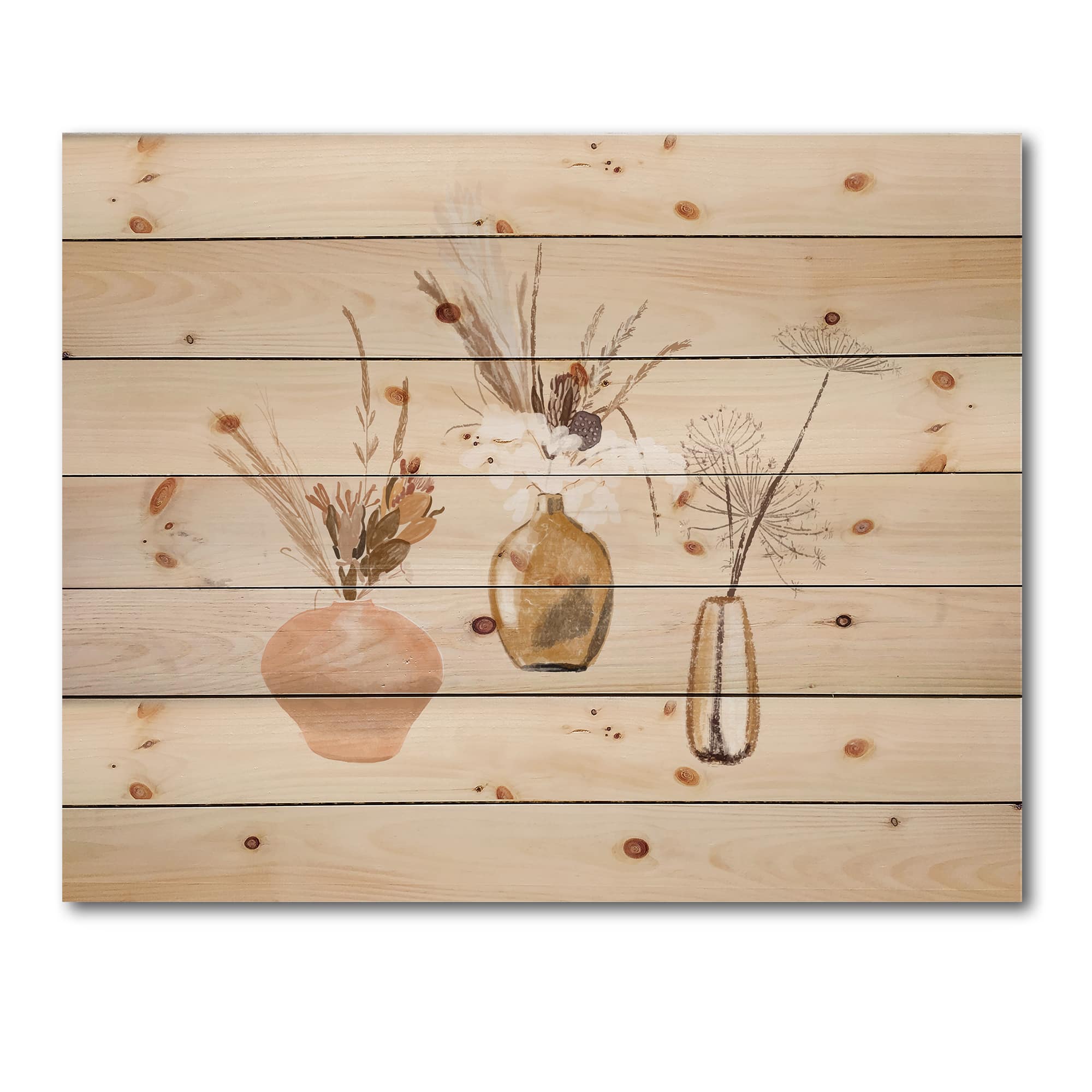 Designart - Bouquets Of Wildflowers In Gold Vases I - Traditional Print on Natural Pine Wood