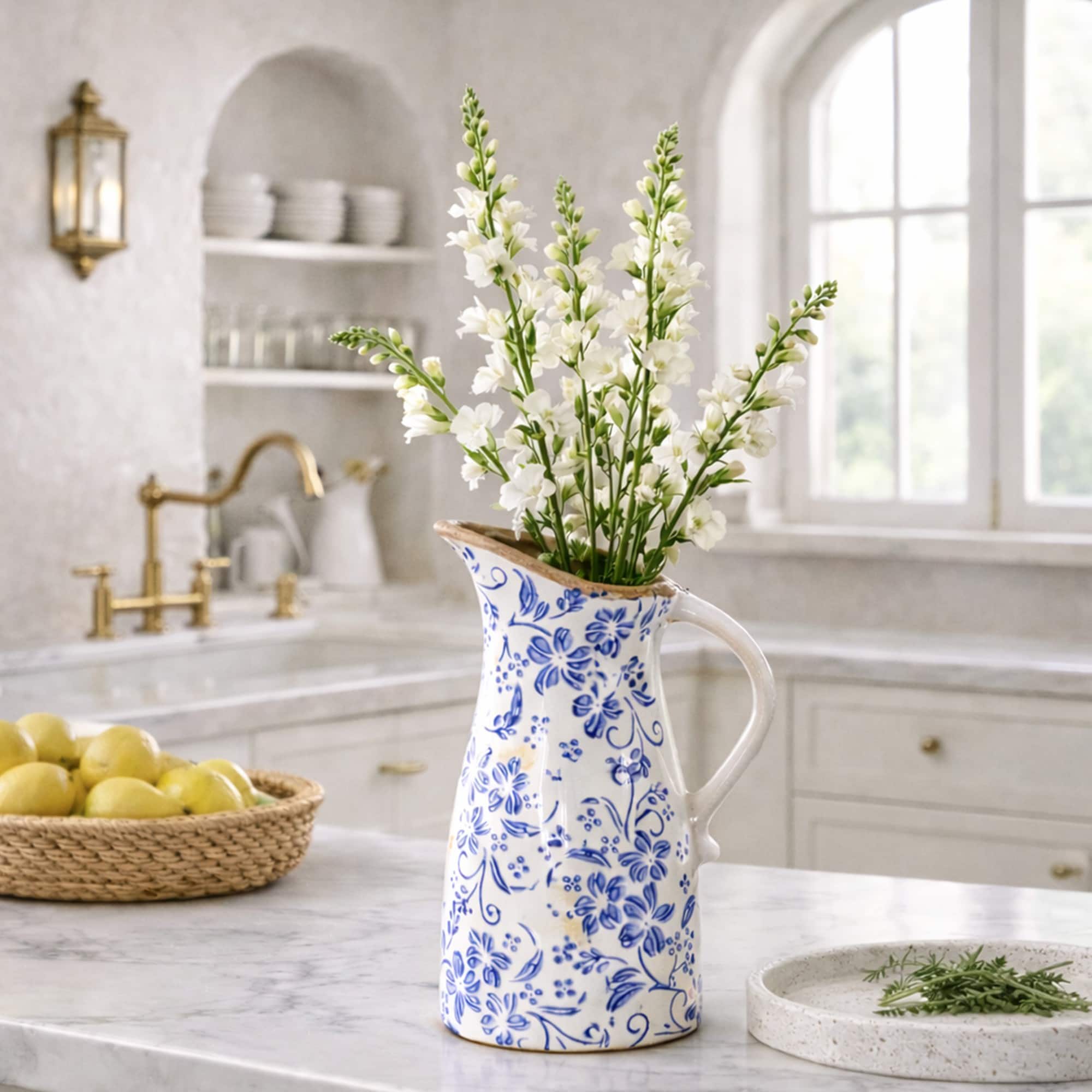 Nearly Natural 10.5" Blue Scroll Floral Tuscan Ceramic Pitcher Vase