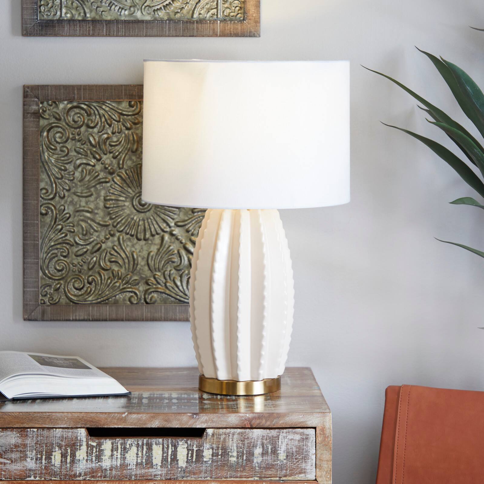 CosmoLiving by Cosmopolitan Cream Ceramic Gourd Style Base Table Lamp with Drum Shade 15" x 15" x 24"