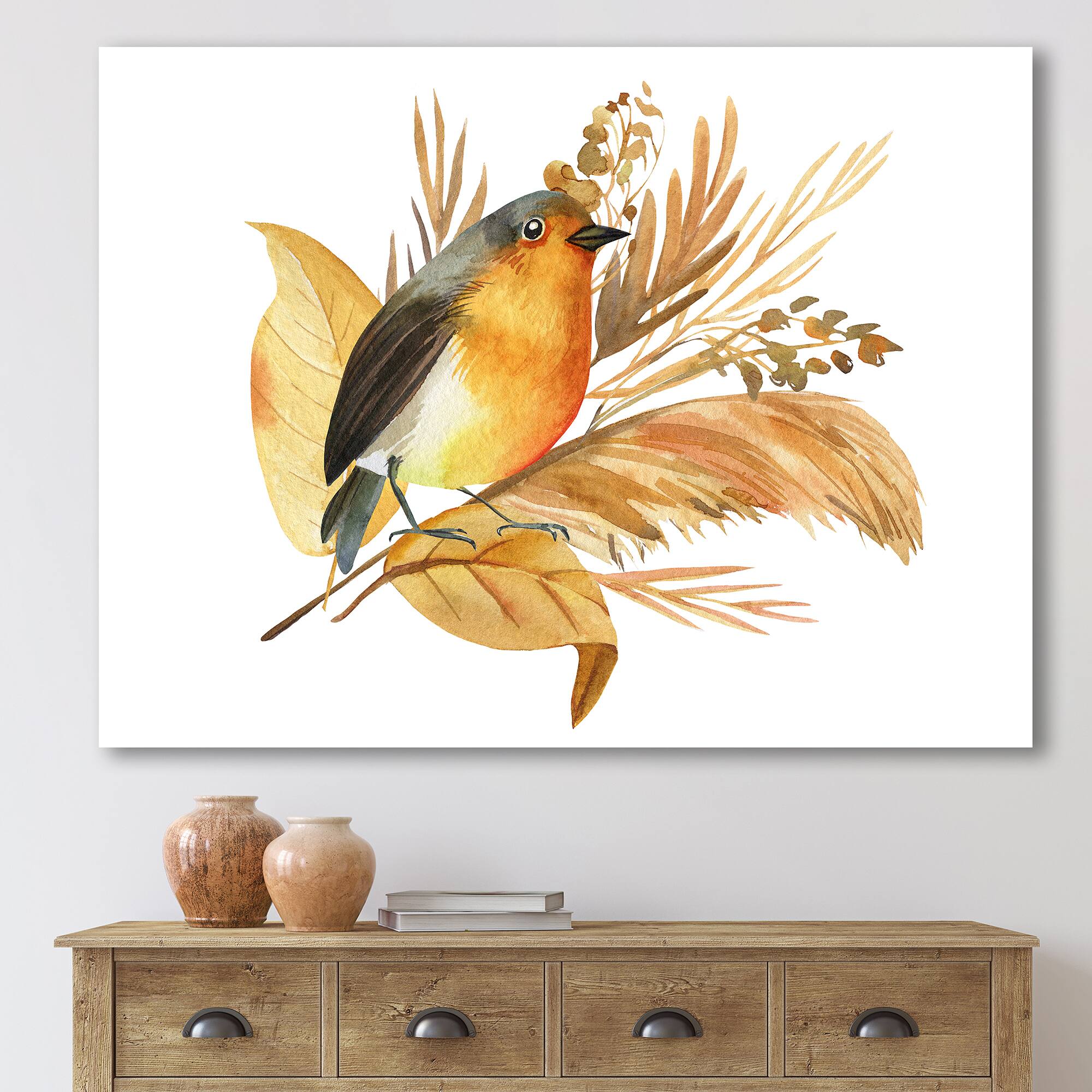 Designart - Robin Bird and Autumn Flowers - Traditional Canvas Wall Art Print
