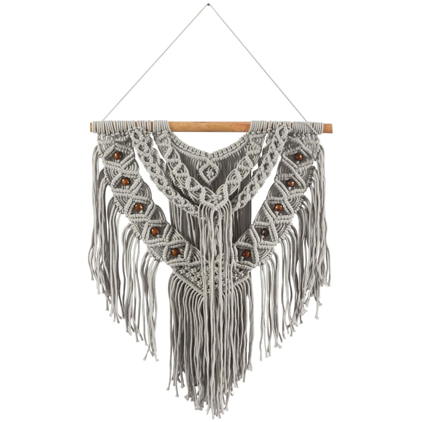 Gray Cotton Handmade Intricately Weaved Macrame Wall Decor with Beaded Fringe Tassels 32" x 1" x 42"