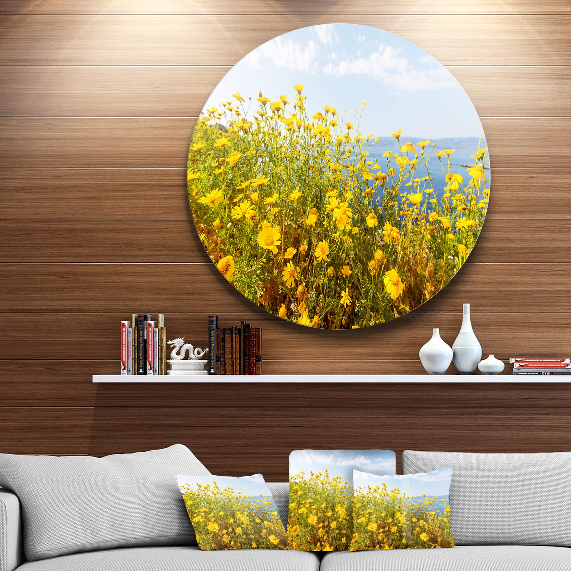 Designart - Little Yellow Flowers over Seashore' Large Flower Oversized Metal Circle Wall Art