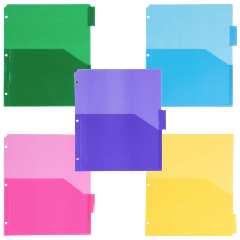 JAM Paper 9.75" x 11.5" 5-Tab Plastic Index Tab Dividers with Double Pockets