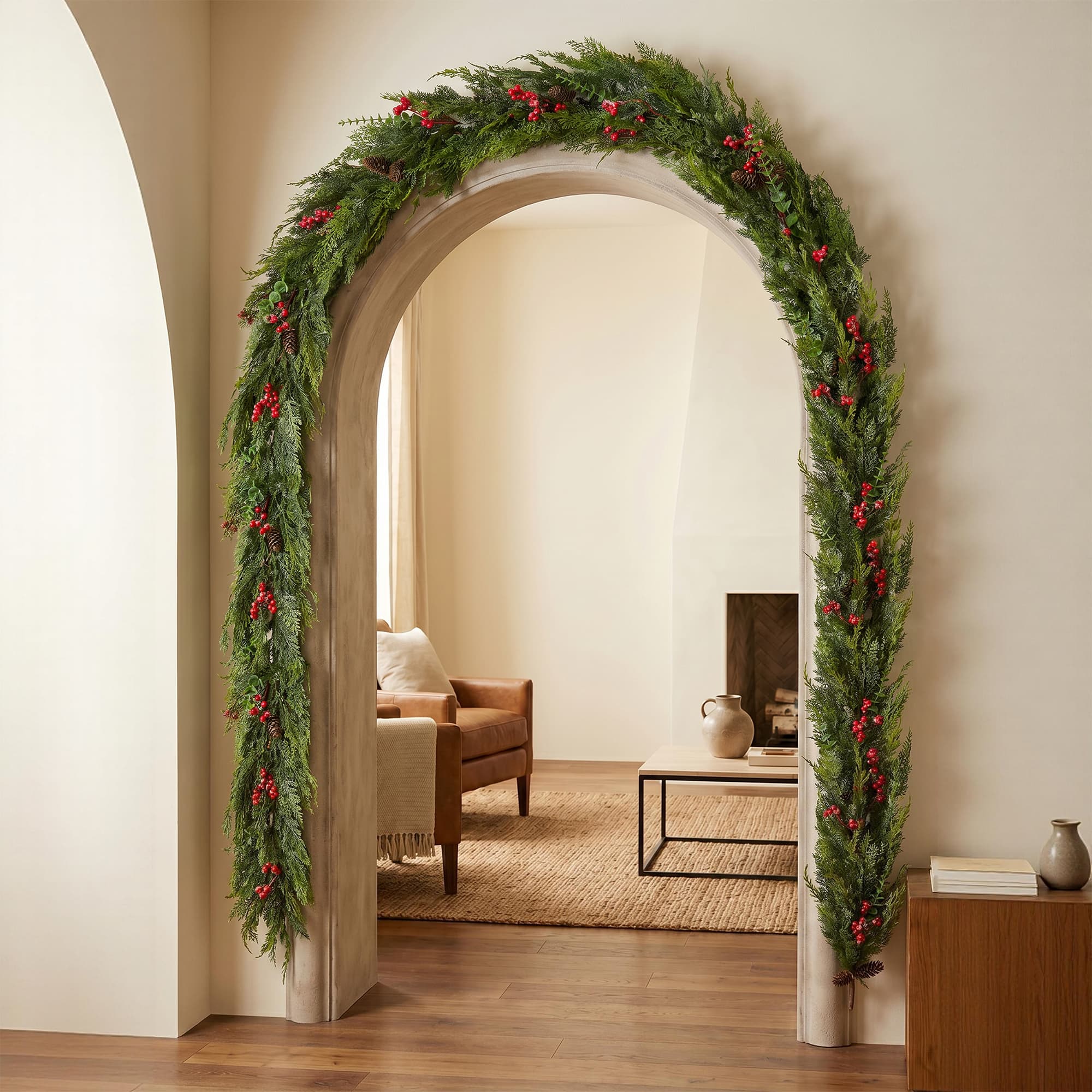 Glitzhome® 9ft. Christmas Greenery Frosted PE Dripping Garland with Pinecones & Red Berries, Set of 2