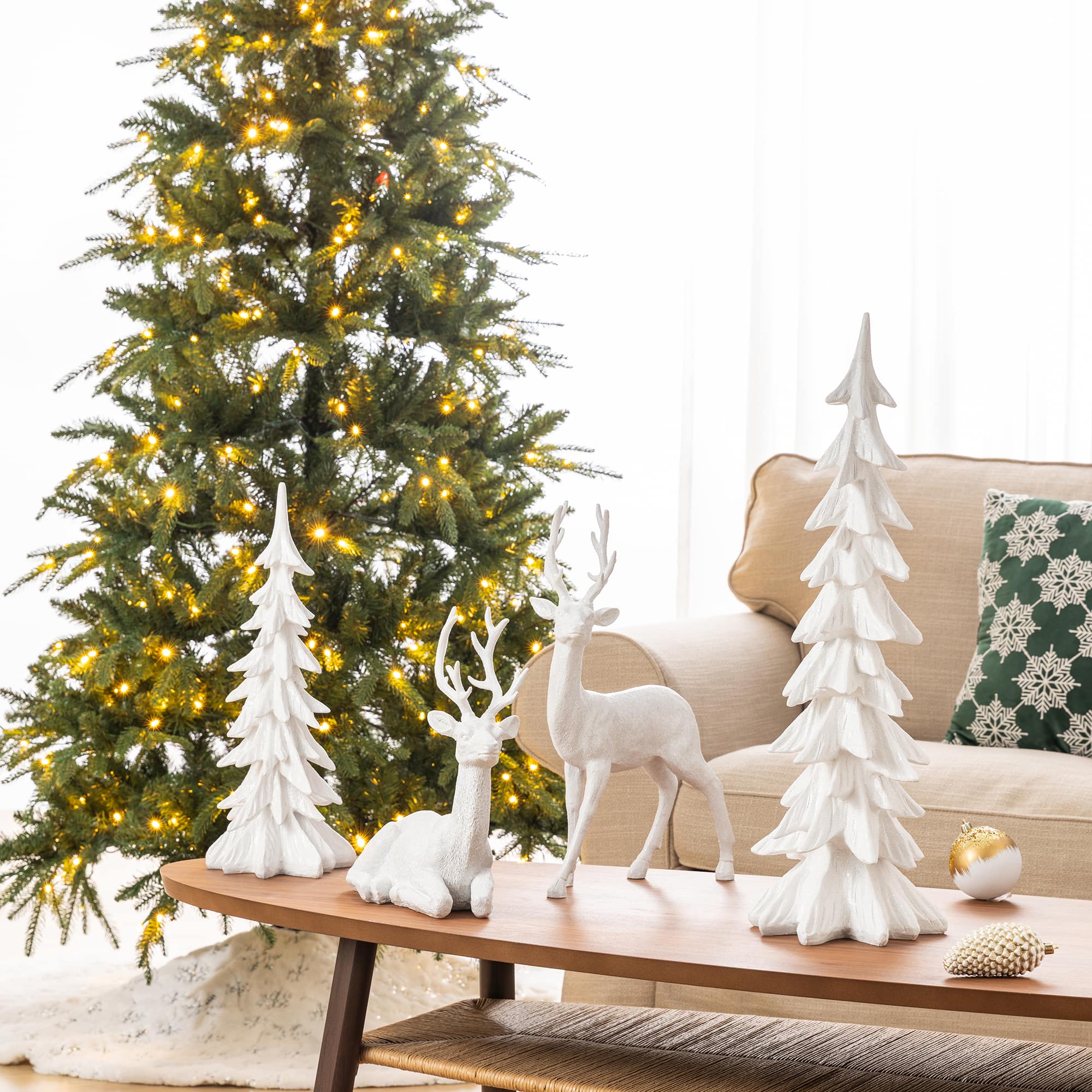 Glitzhome® White Reindeer with Tree Christmas  Table Décor Set