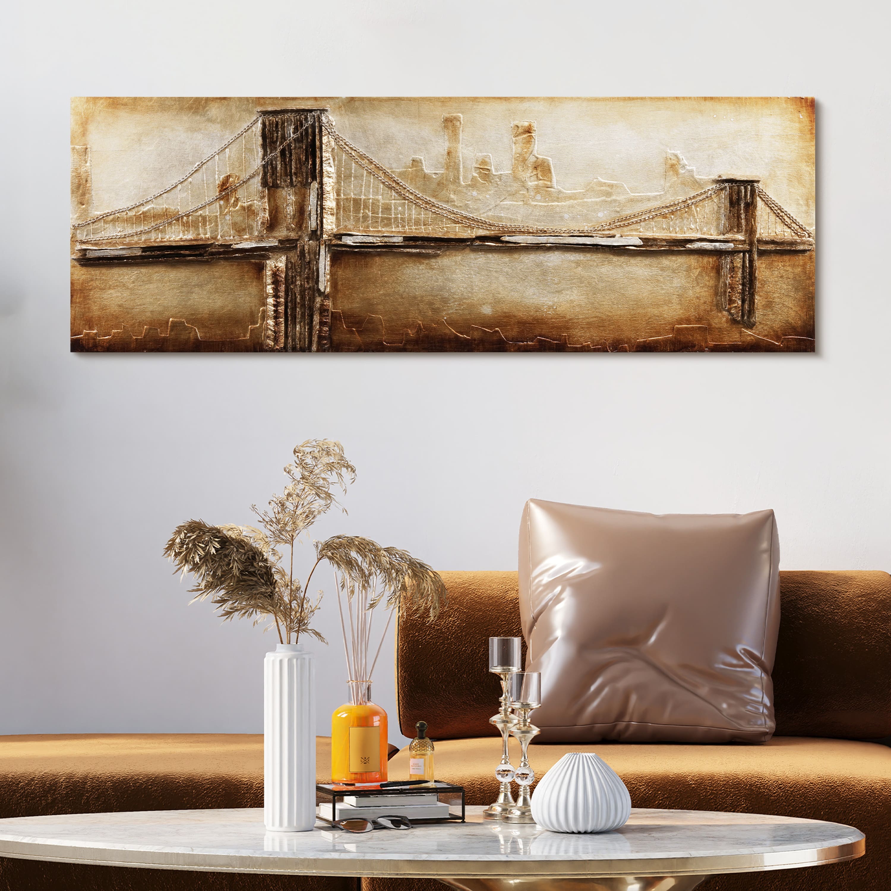 Empire Art Direct 64" x 22" Bridge to the City 2 Handed Painted Rugged Sculpture Wall Art
