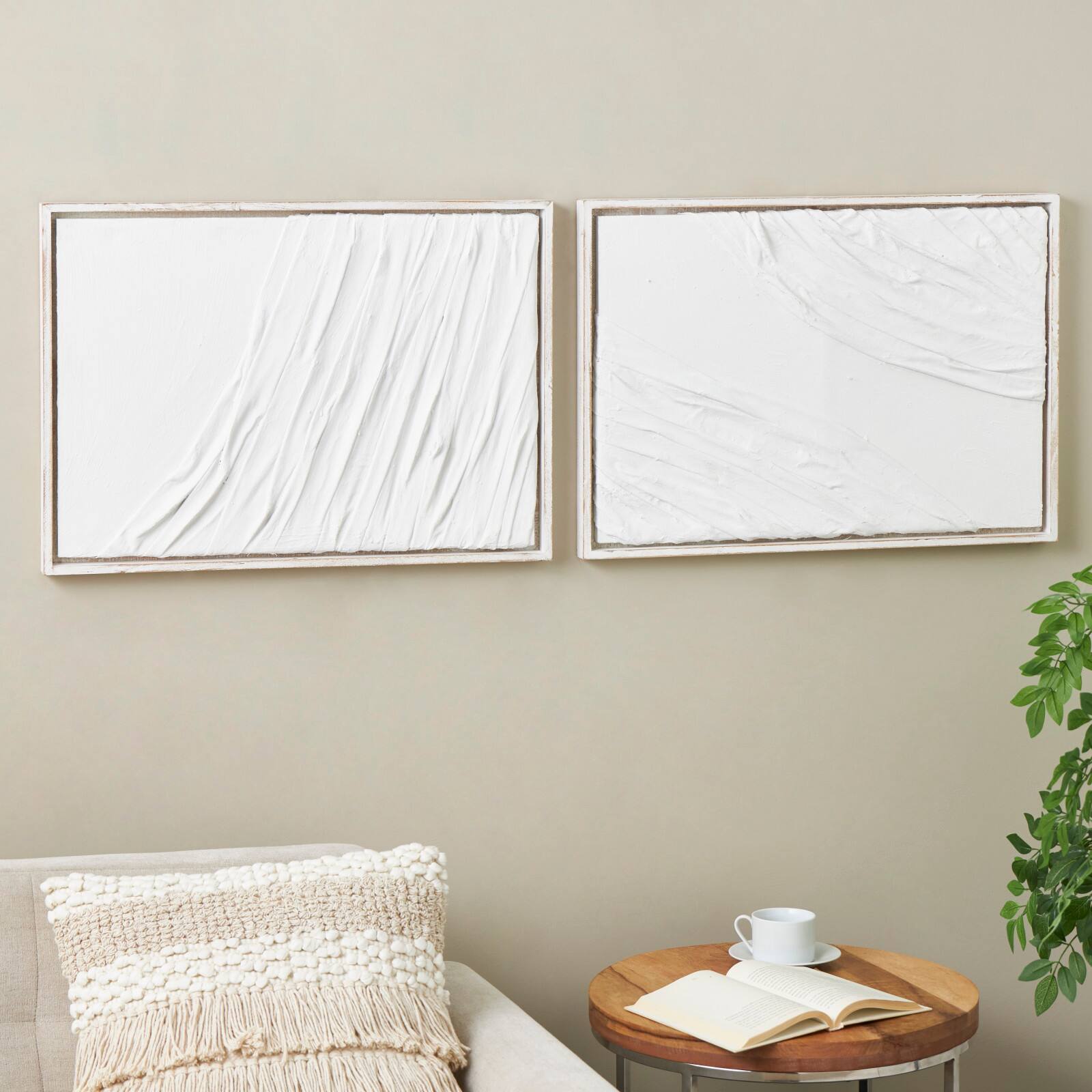 28" x 20" White Distressed Wood Abstract Wavy Wall Decor, Set of 2