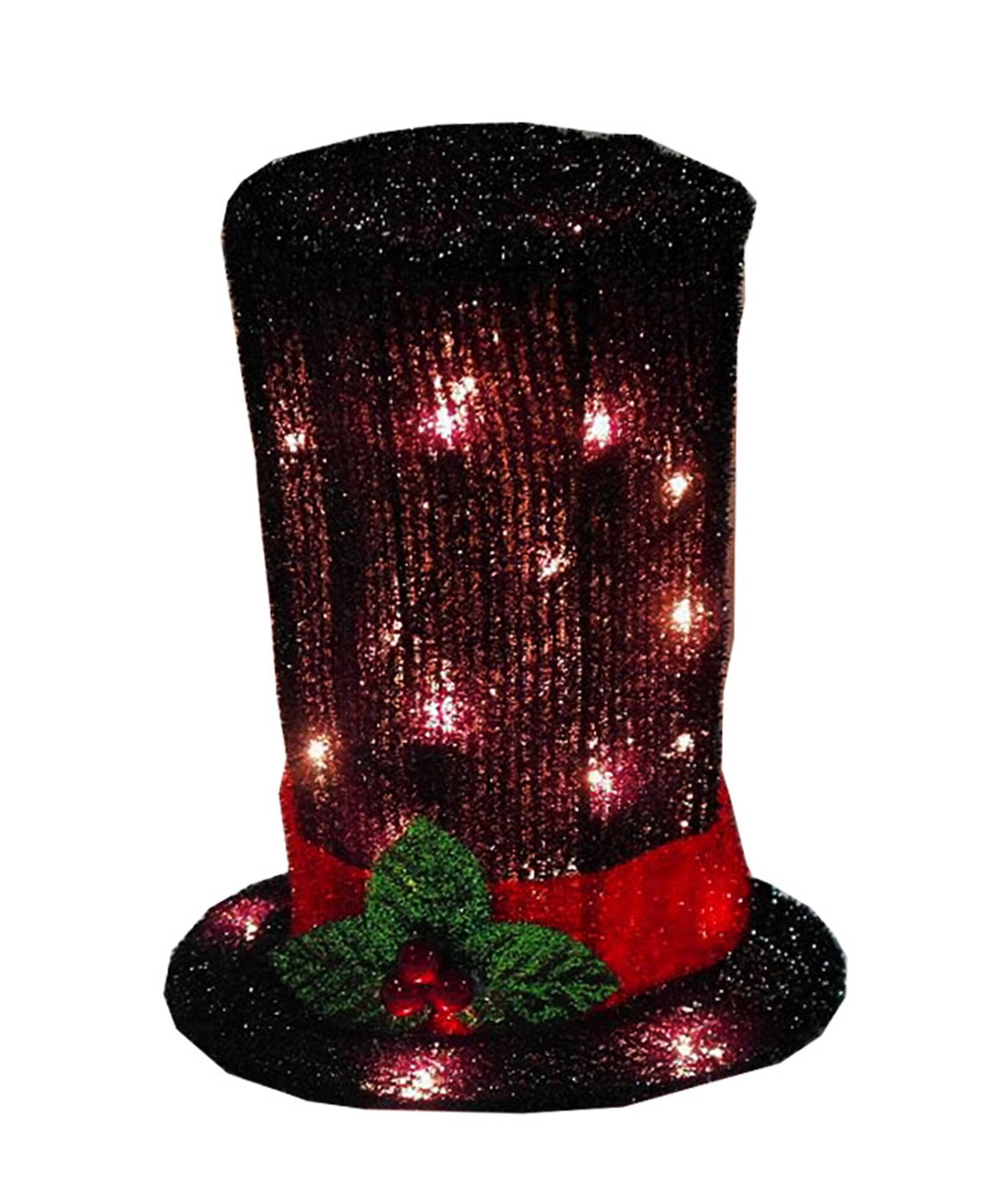 9" Lighted Black Tinsel Snowman Top Hat Christmas Tree Topper, Clear Lights