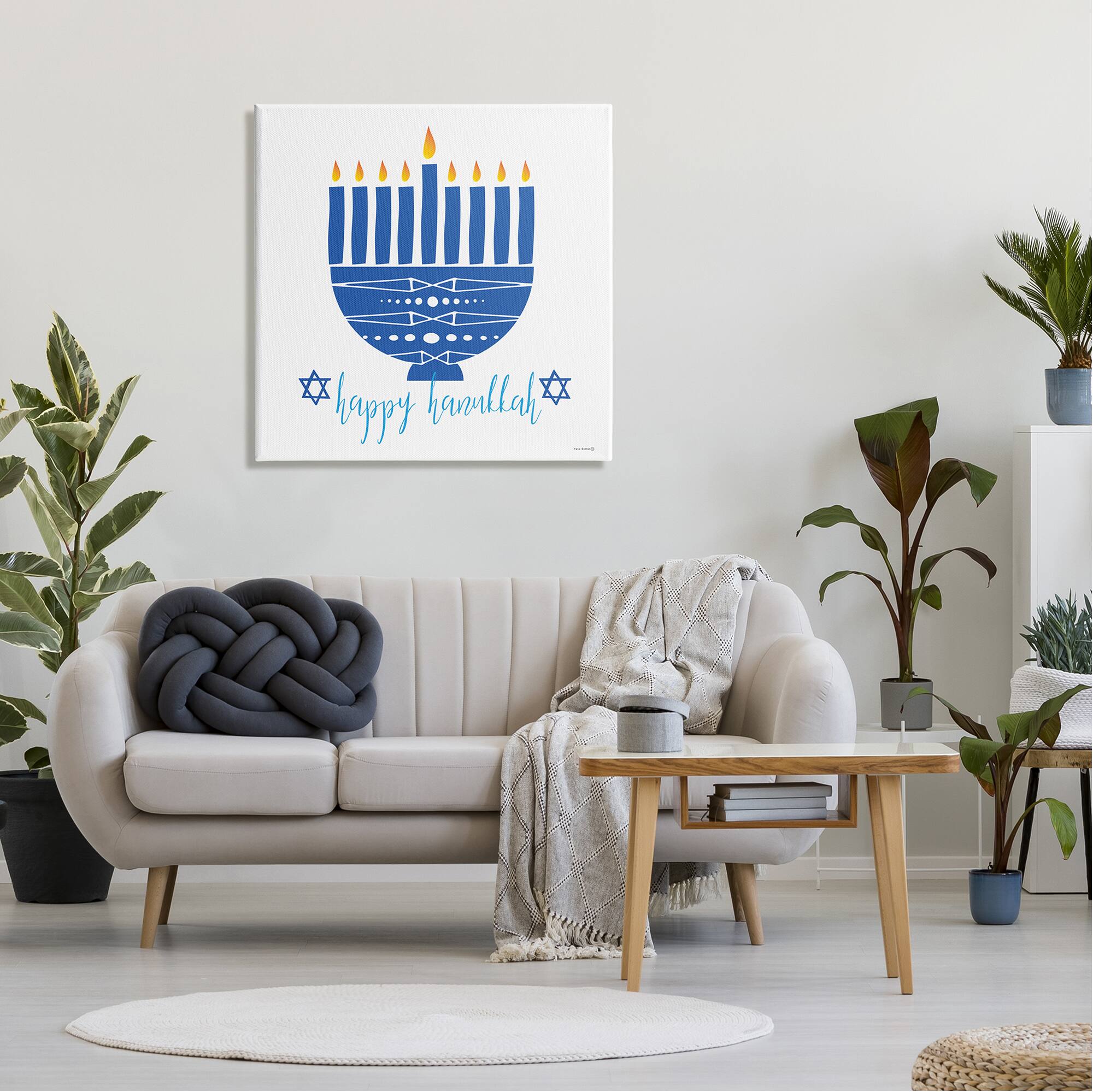 Stupell Industries Happy Hanukkah Patterned Blue Menorah Canvas Wall Art