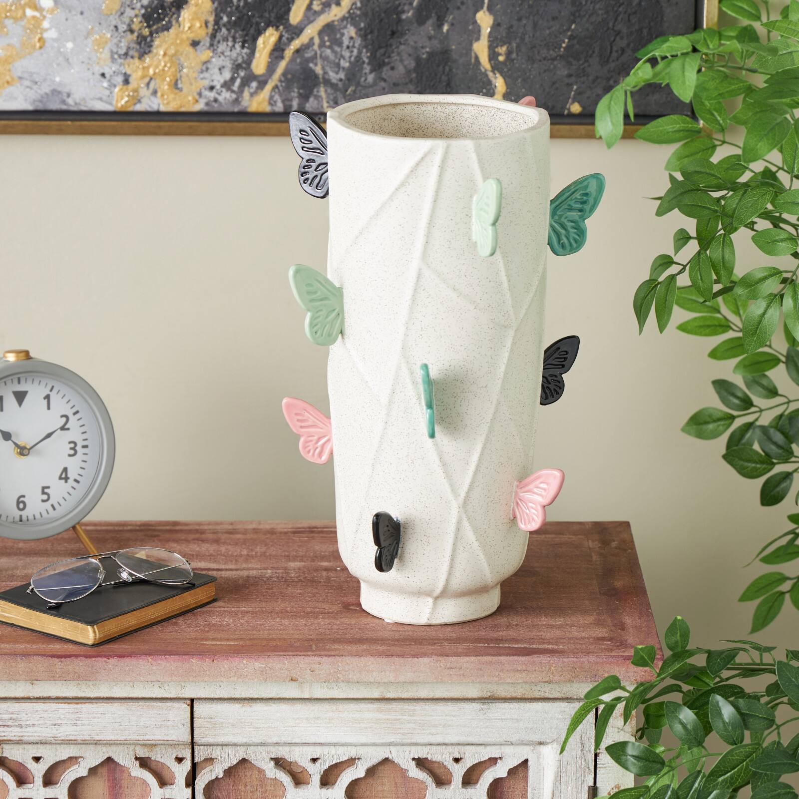 15.75" White Ceramic Butterfly Wide Decorative Vase with Multicolor Accents