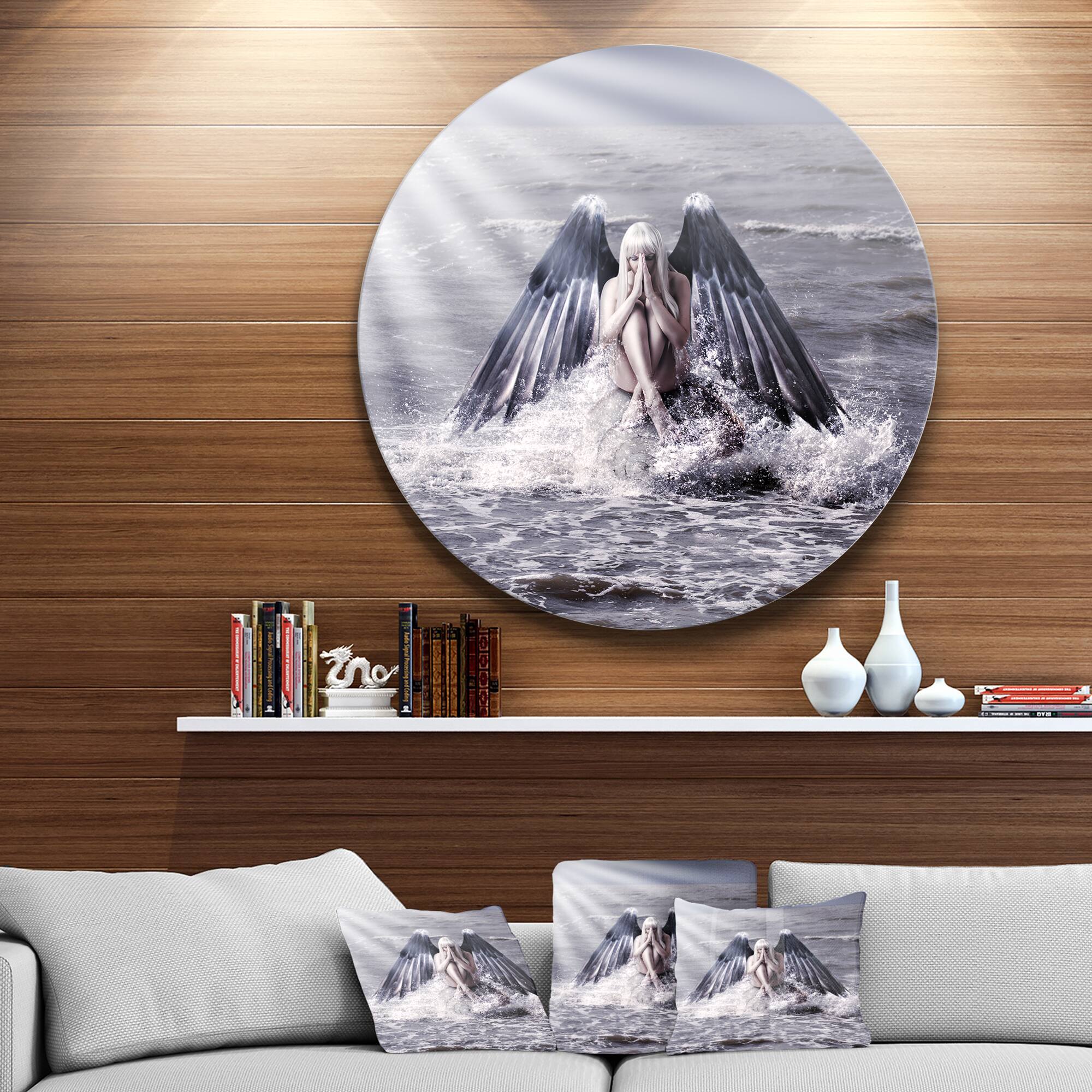 Designart - Woman with Dark Angel Wings' Beach Metal Circle Wall Art