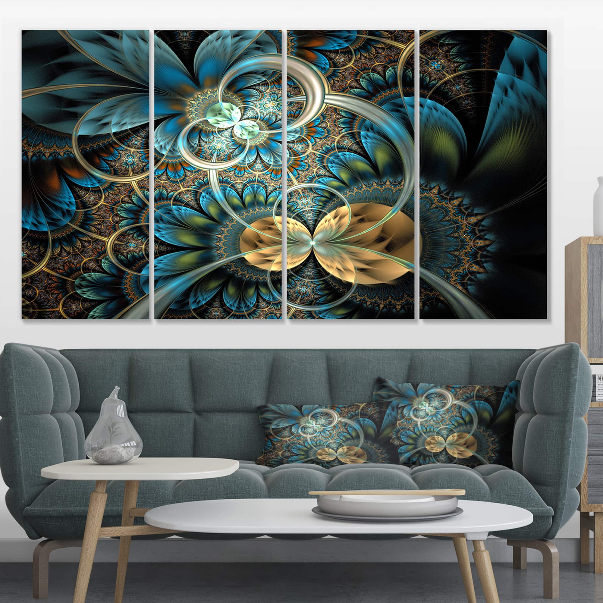 Designart - Symmetrical Blue Gold Fractal Flower - Abstract Print On Canvas
