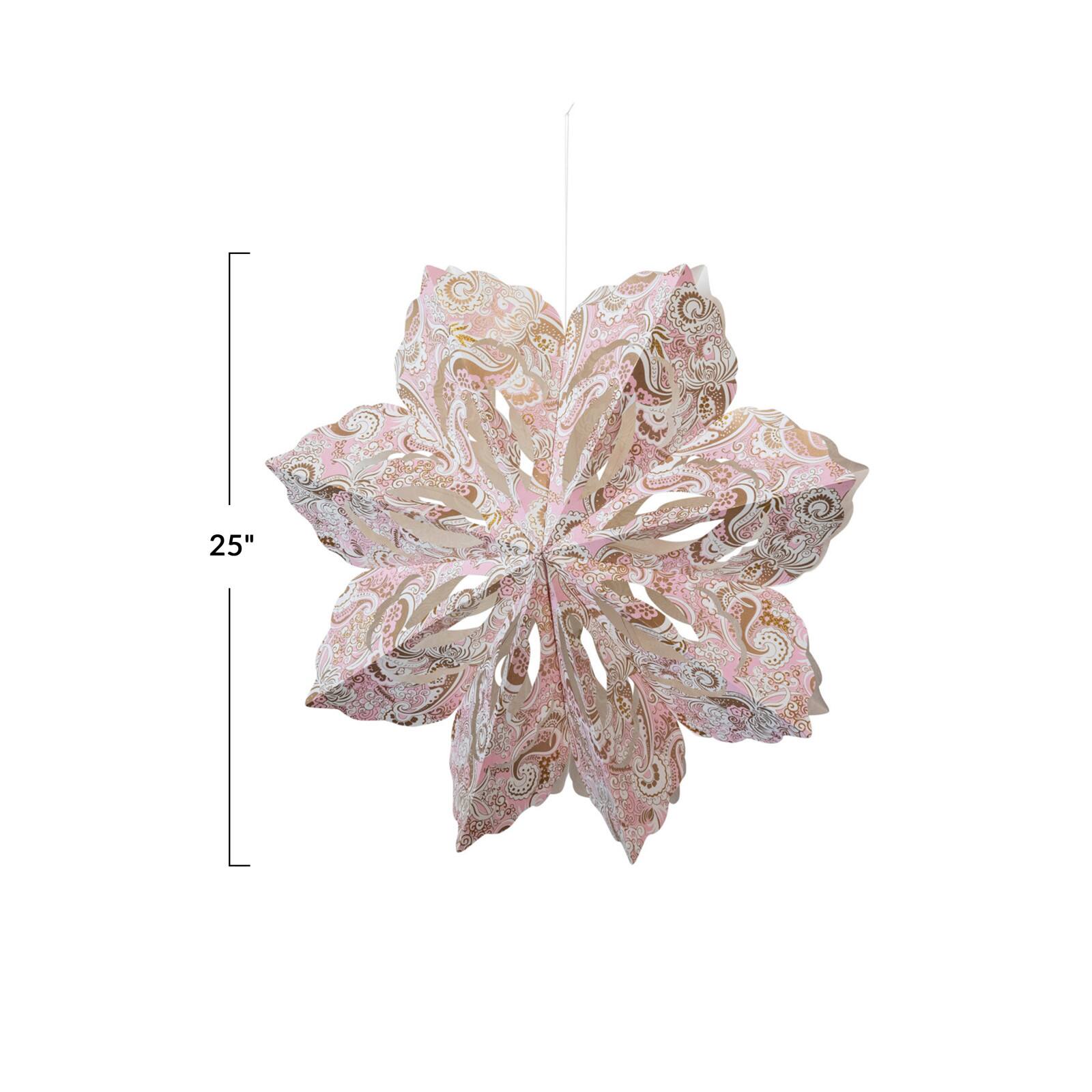 Hello Honey® 25" LED Pink, White & Gold Printed Paper Folding Snowflake Ornament with Paisley Pattern