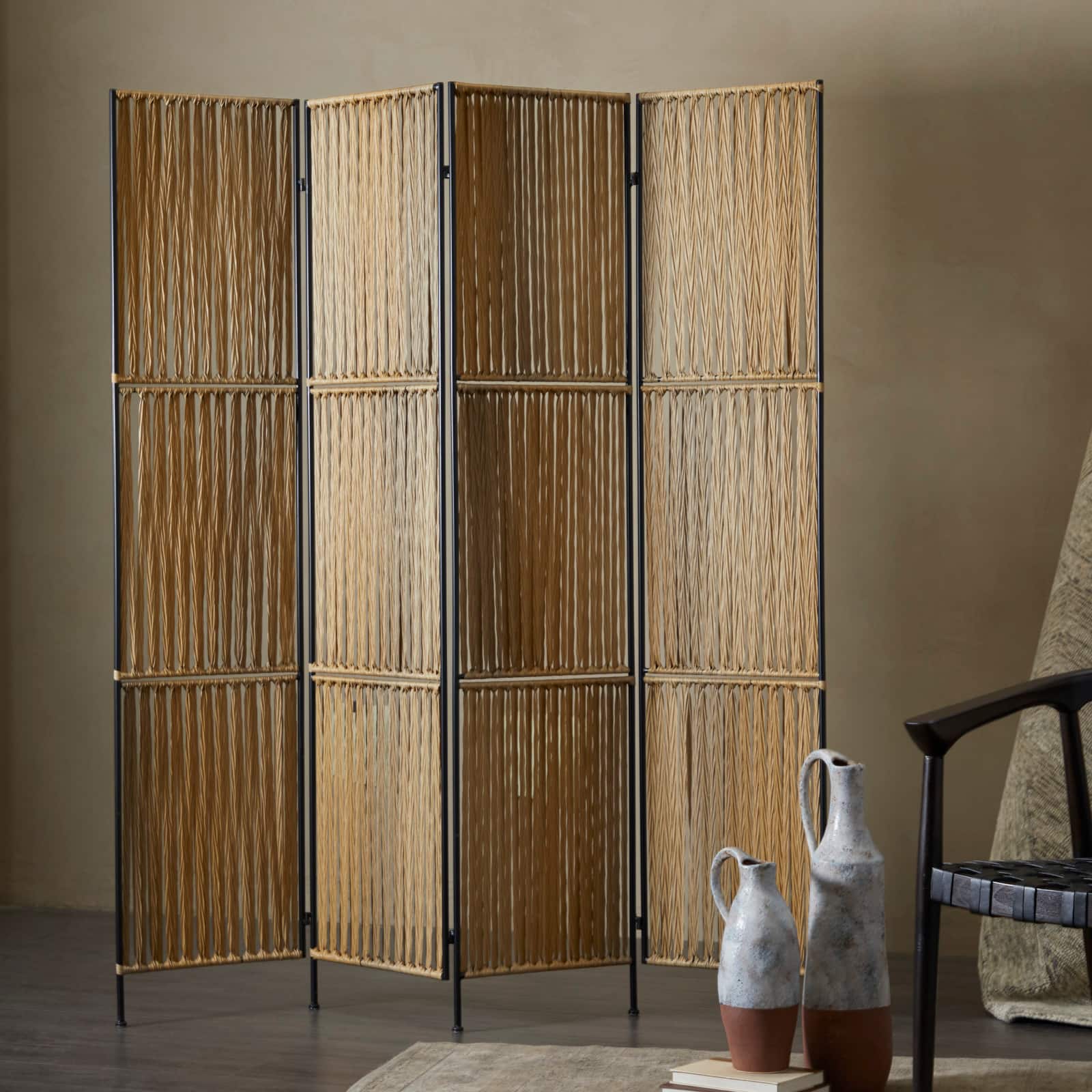 Light Brown Rattan Handmade Hinged Foldable Partition 4 Panel Room Divider Screen with Wrapped Seagrass Design 63" x 1" x 71"