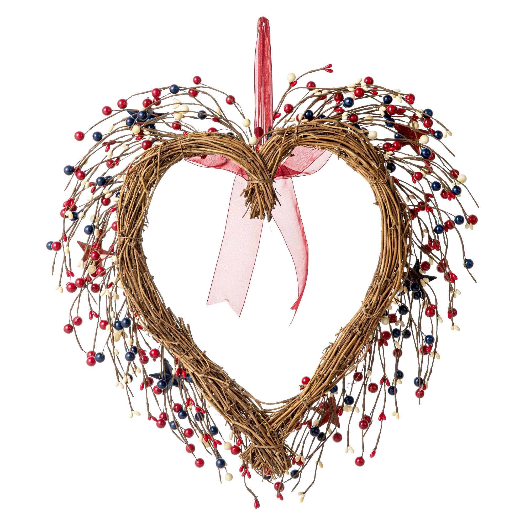 Glitzhome® 17" Patriotic American Berry Heart Wreath