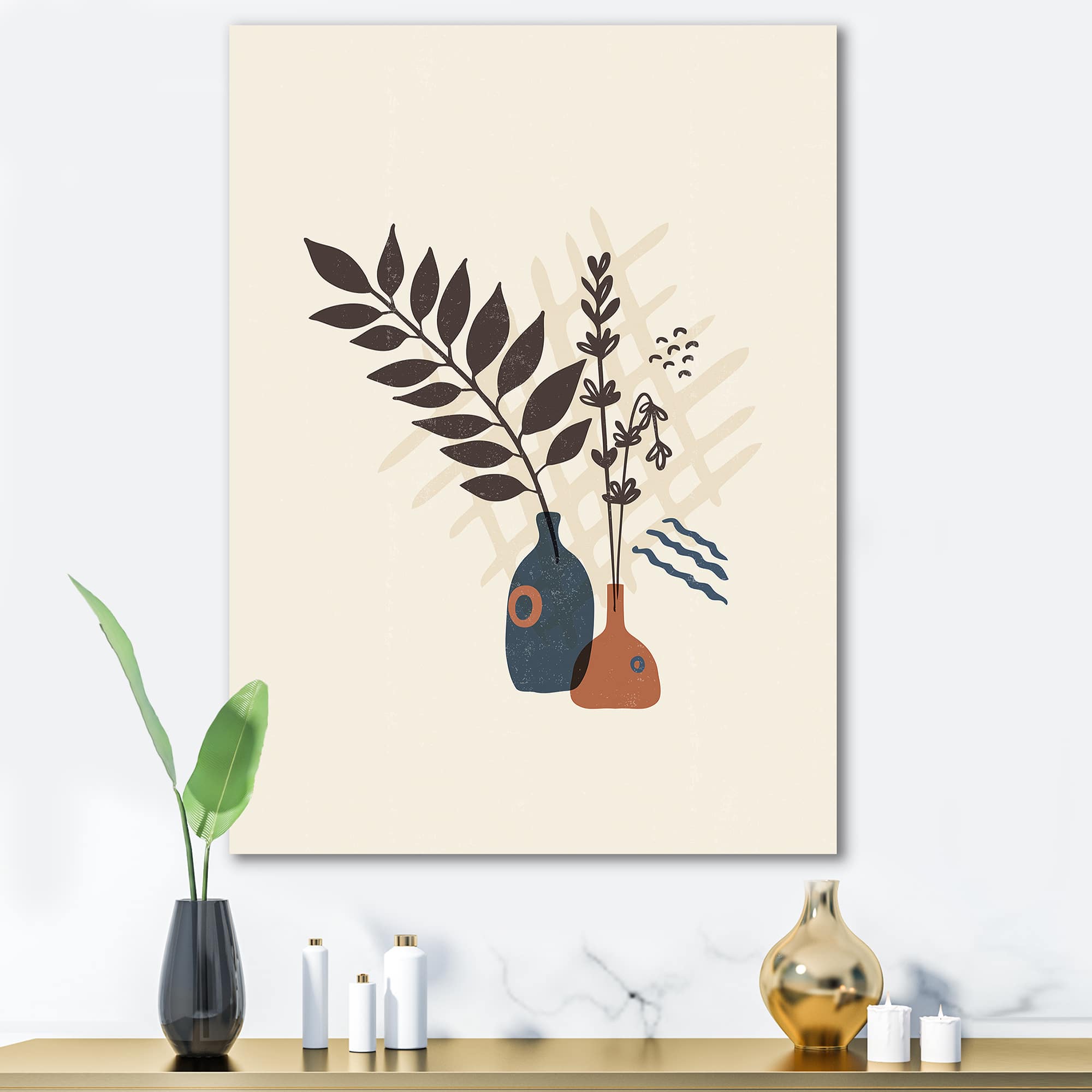 Designart - Vintage Boho Minimalistic Flowers I - Modern Canvas Wall Art Print