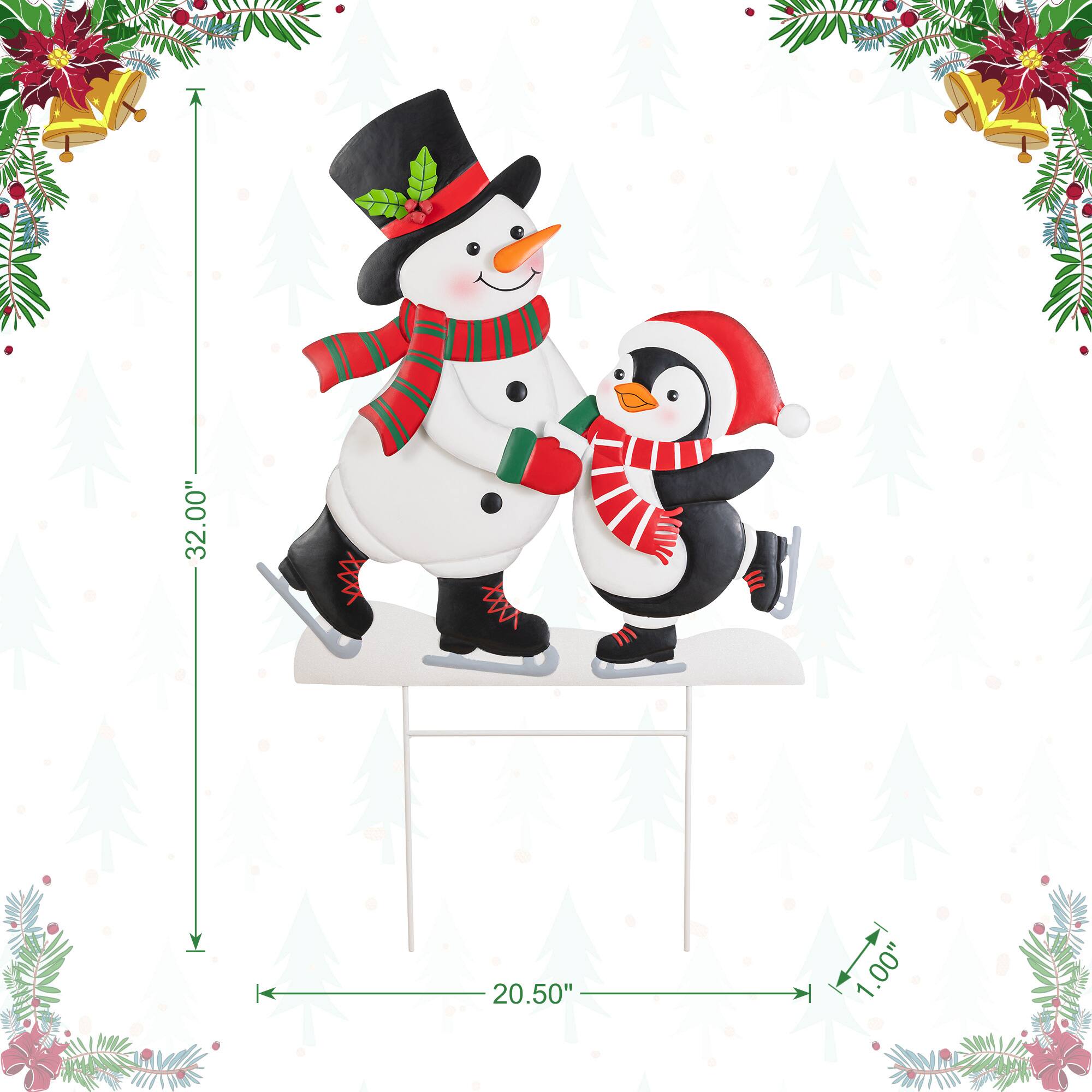 Glitzhome® 32" Christmas Metal Skiing Snowman and Penguin Yard Stake
