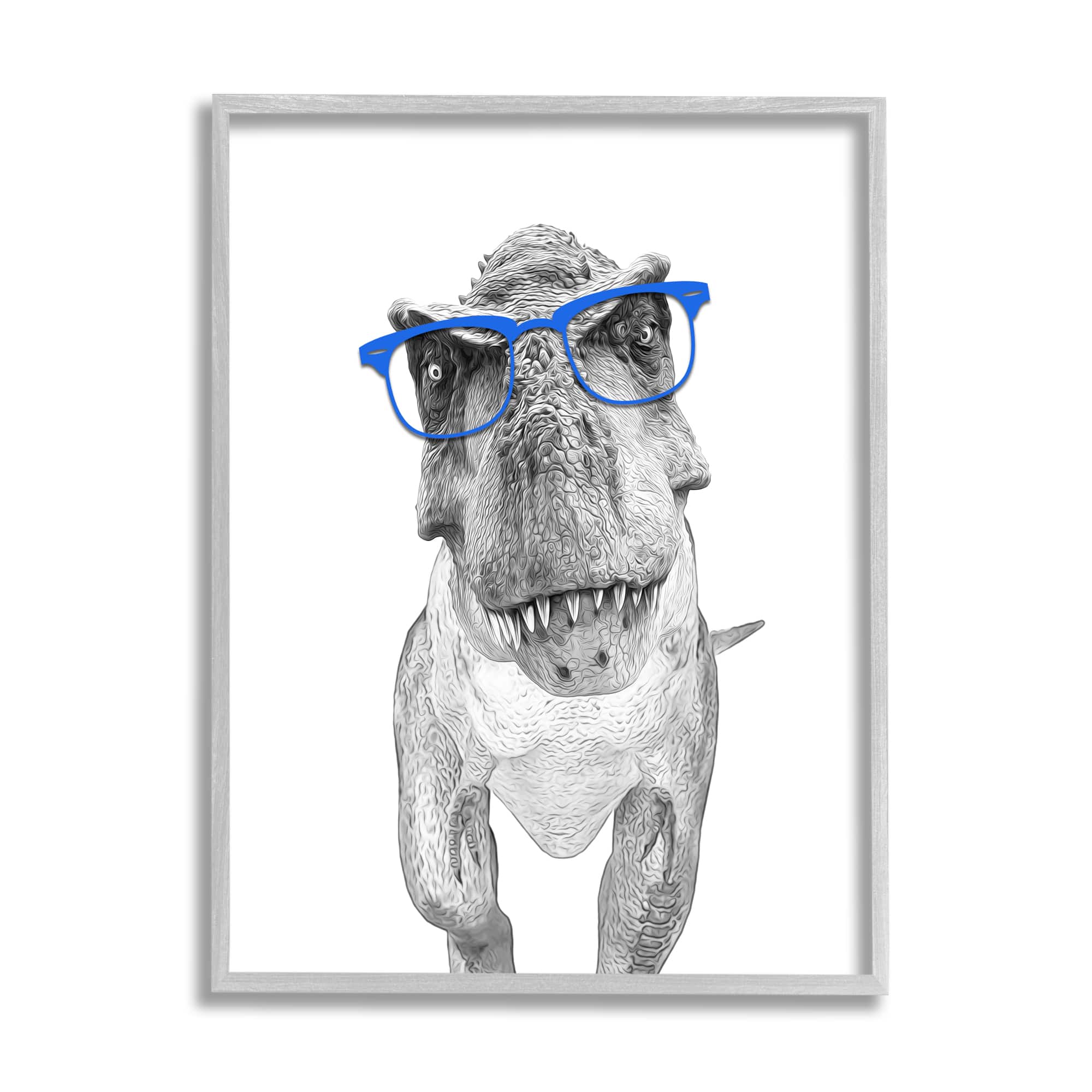 Stupell Industries Adorable T-Rex Dinosaur Blue Glasses Illustration Framed Giclee Art
