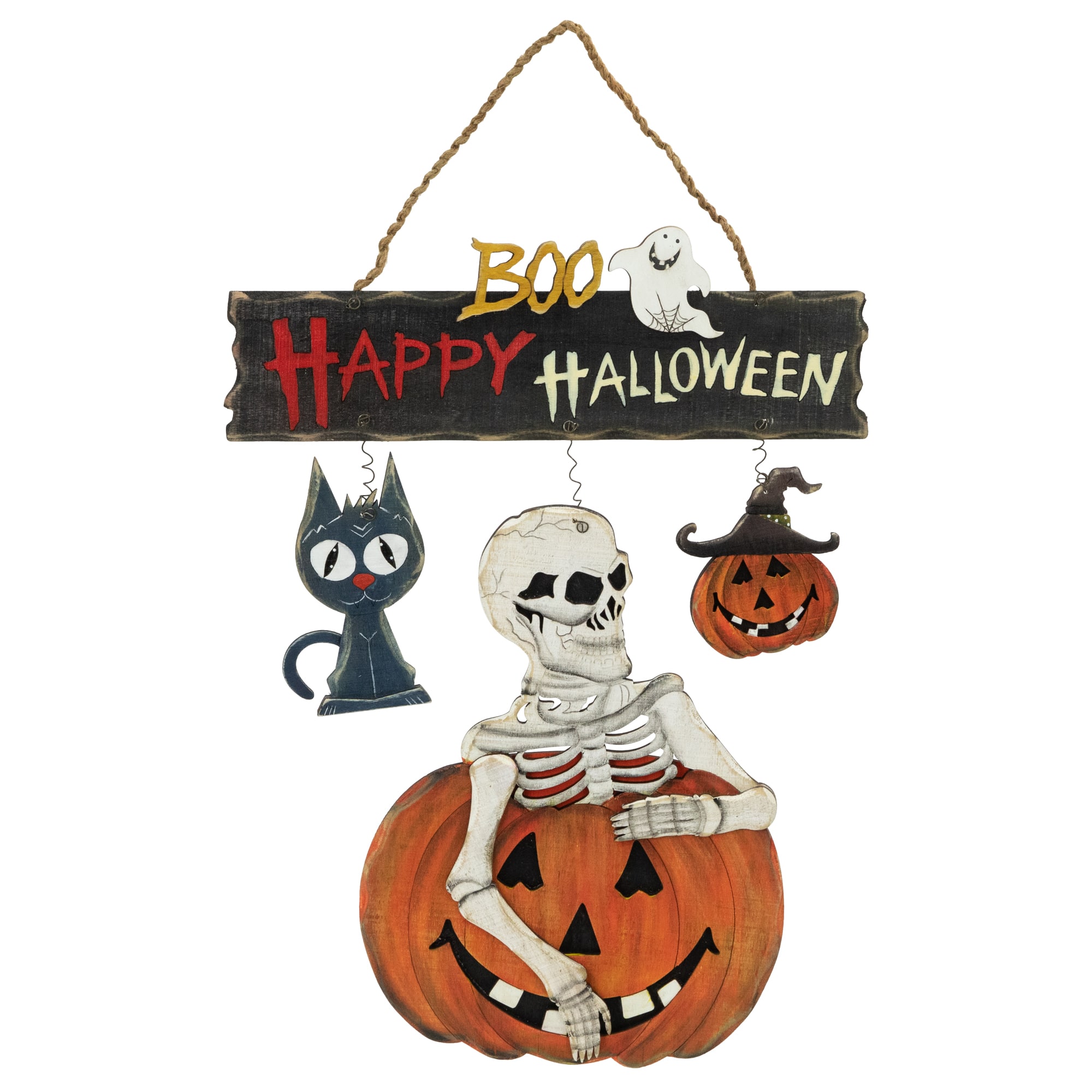 15" Skeleton with Jack-O-Lanterns & Black Cat Happy Halloween Hanging Sign