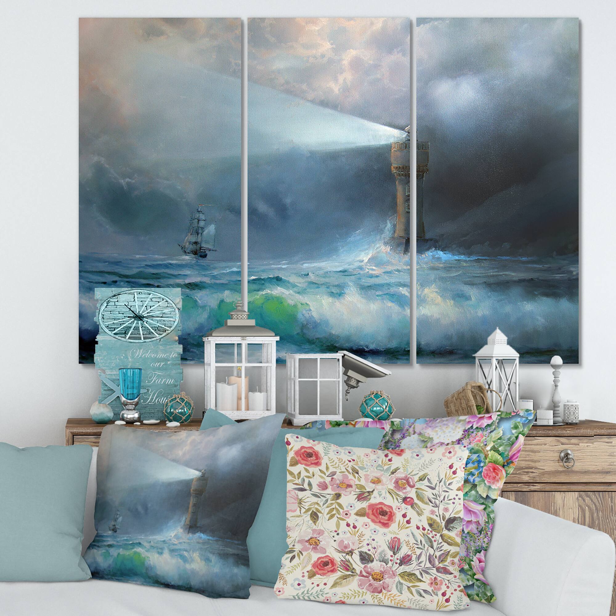 Designart - Lighthouse Shining Light During Stormy Night II - Nautical & Coastal Canvas Wall Art Print