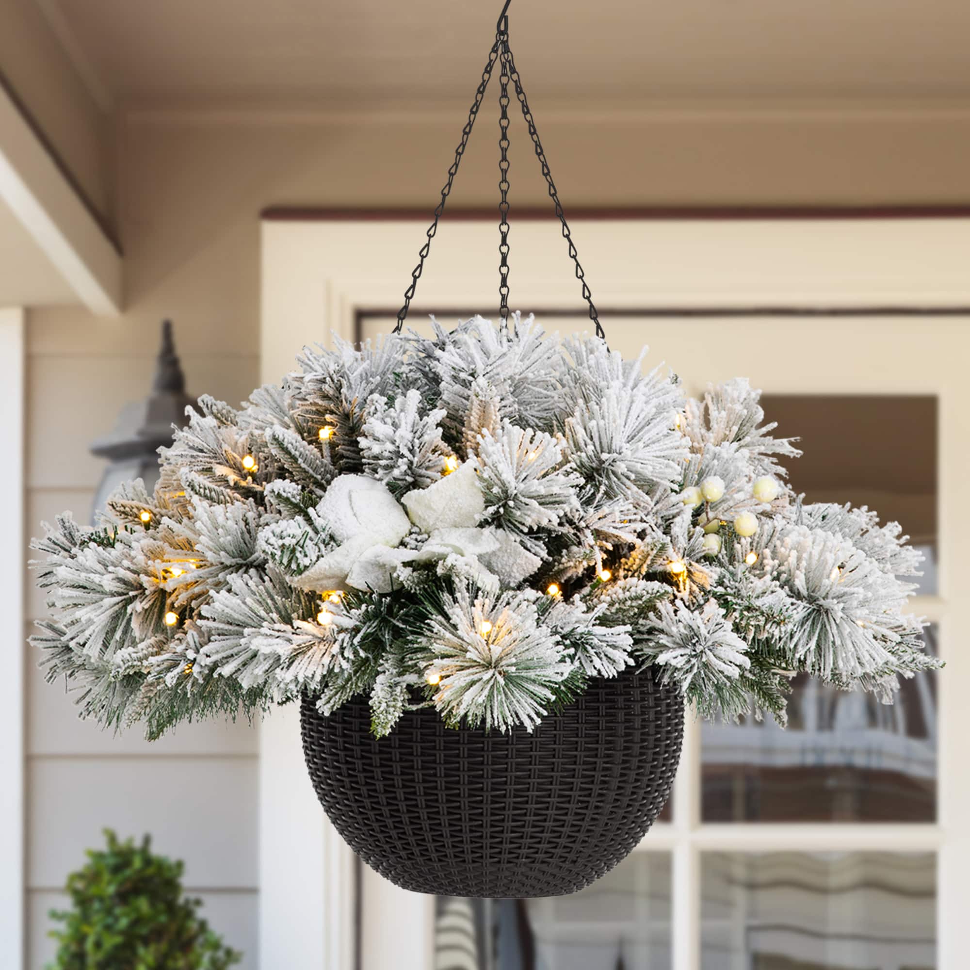 Glitzhome® 24" Pre-Lit Snow Flocked Christmas Artificial Pine Poinsettia Hanging Basket, White Lights