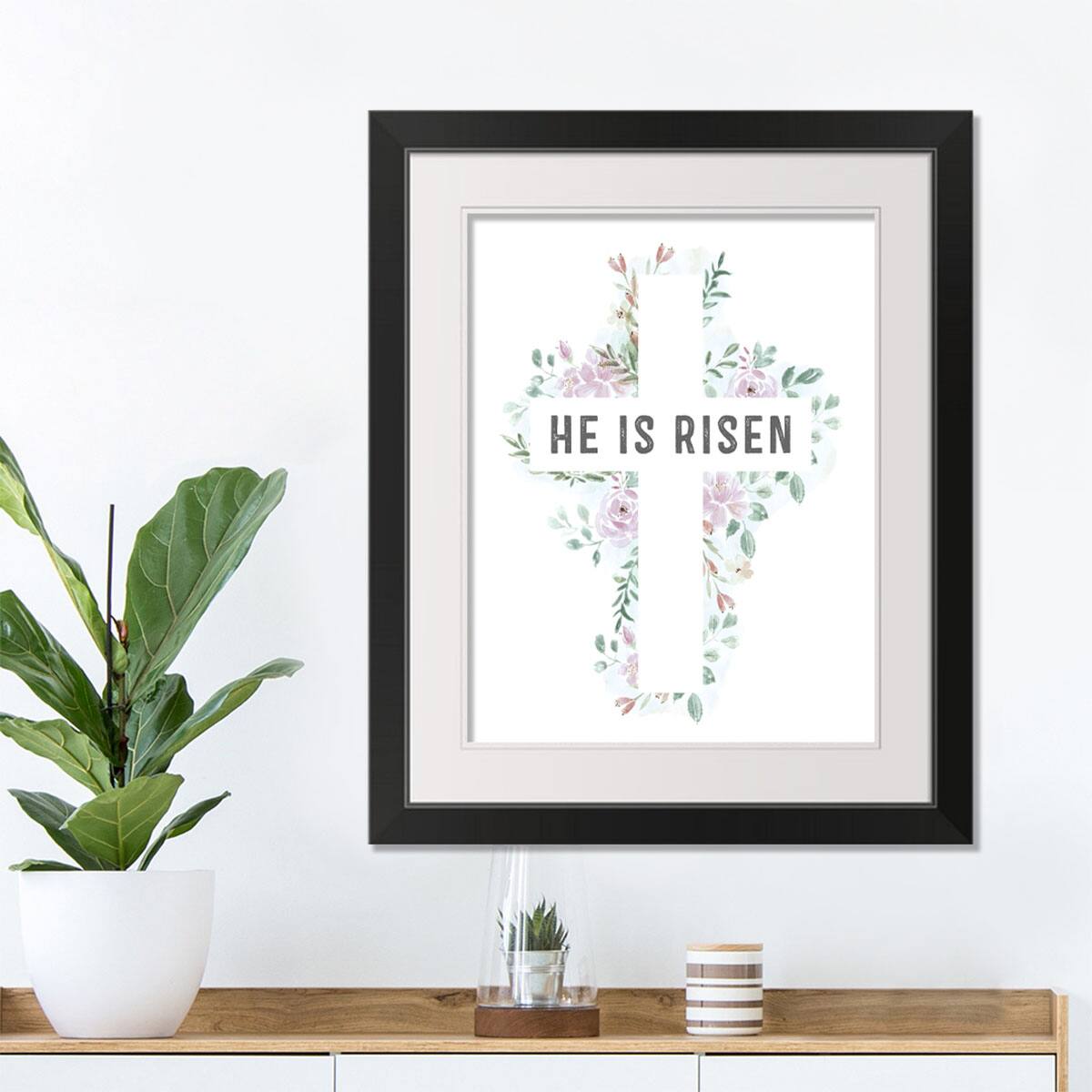 Watercolor Floral Cross Risen 2 16" x 20" Black Framed Print Under Plexiglass