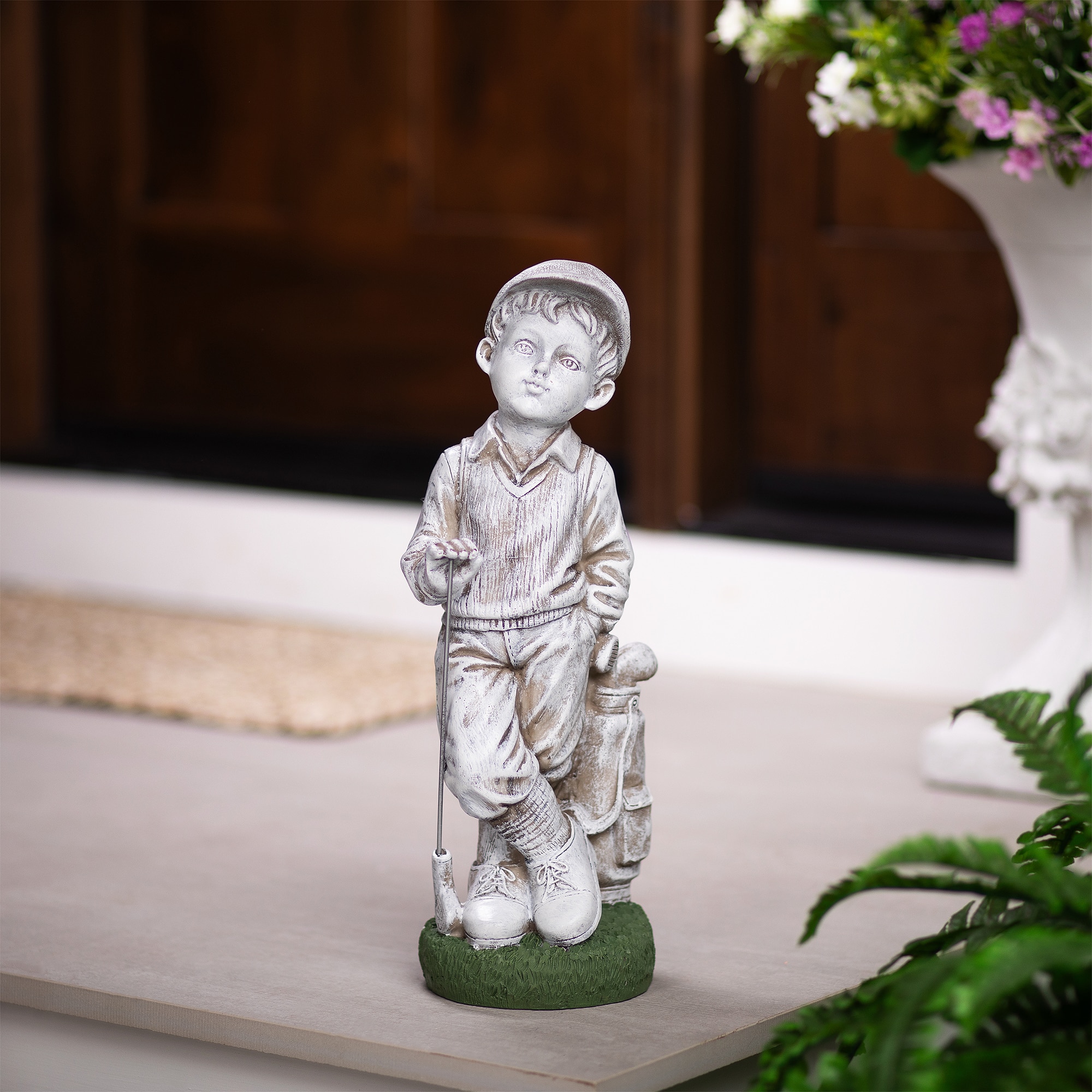 Golfer Boy with Clubs Outdoor Garden Statue - 17"